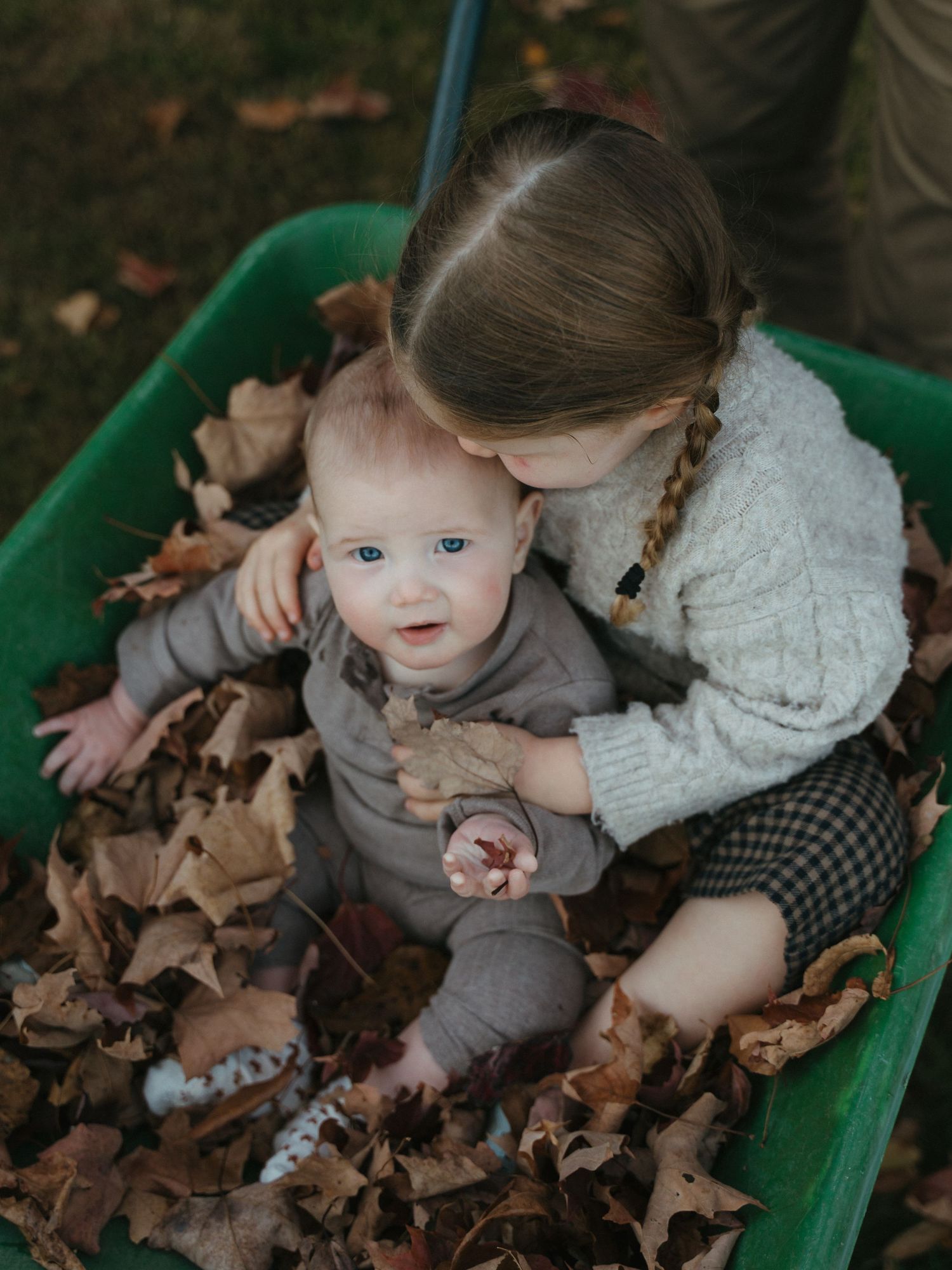 Two children sitting in a green wheelbarrow filled with autumn leaves, older girl kissing baby sibling outdoors.