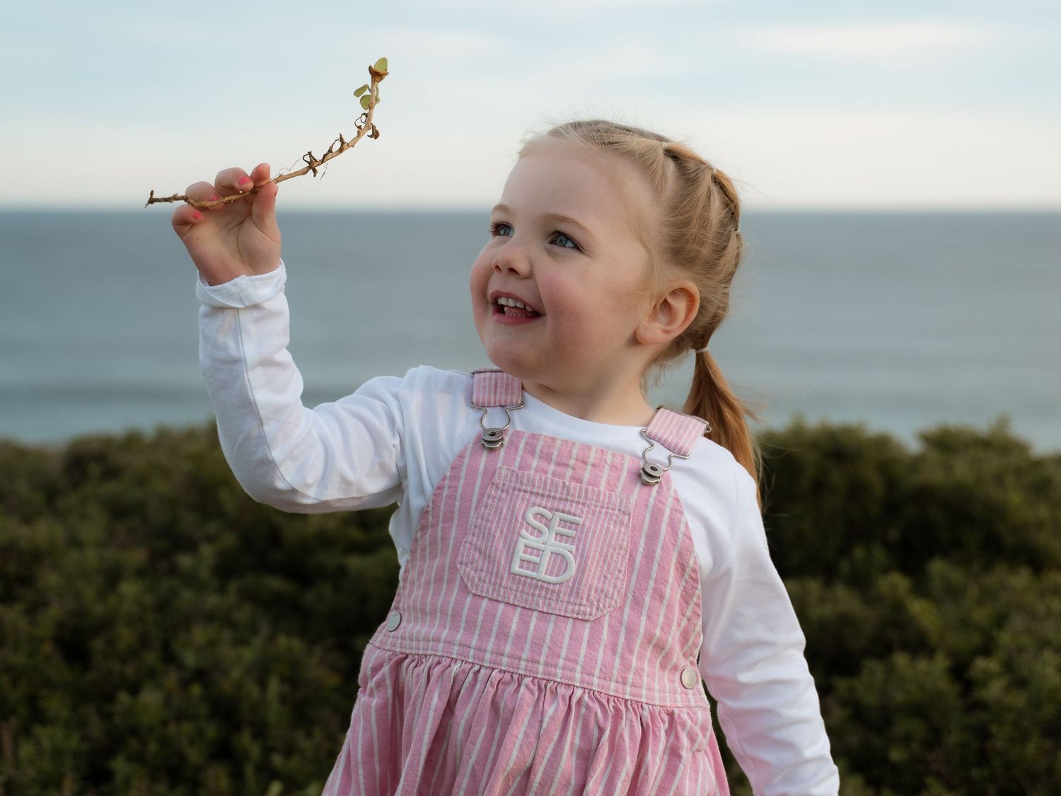 A child in a pink jumper dress holds up a small flowering branch against a coastal backdrop with ocean views.