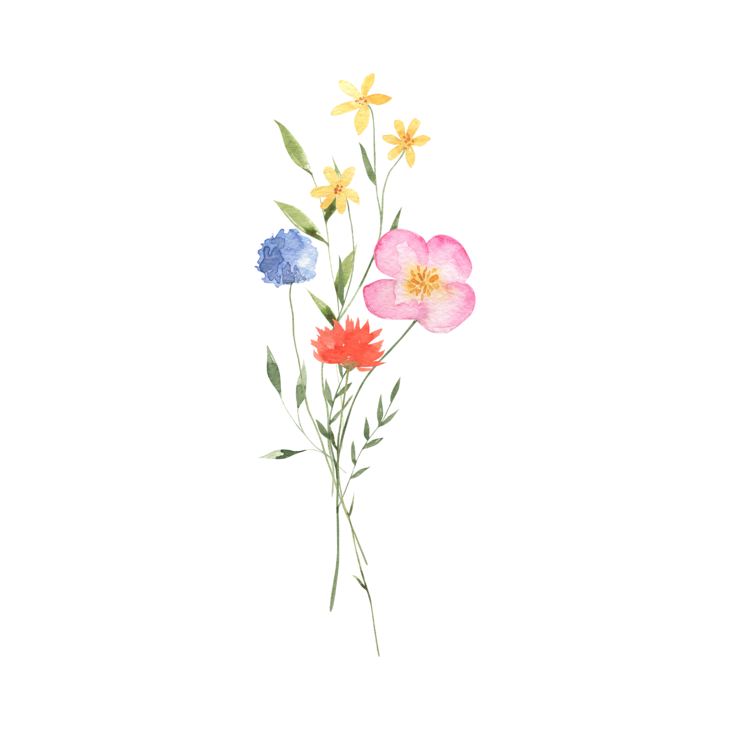 Delicate floral watercolor bouquet featuring yellow, blue, pink and red wildflowers with green stems.