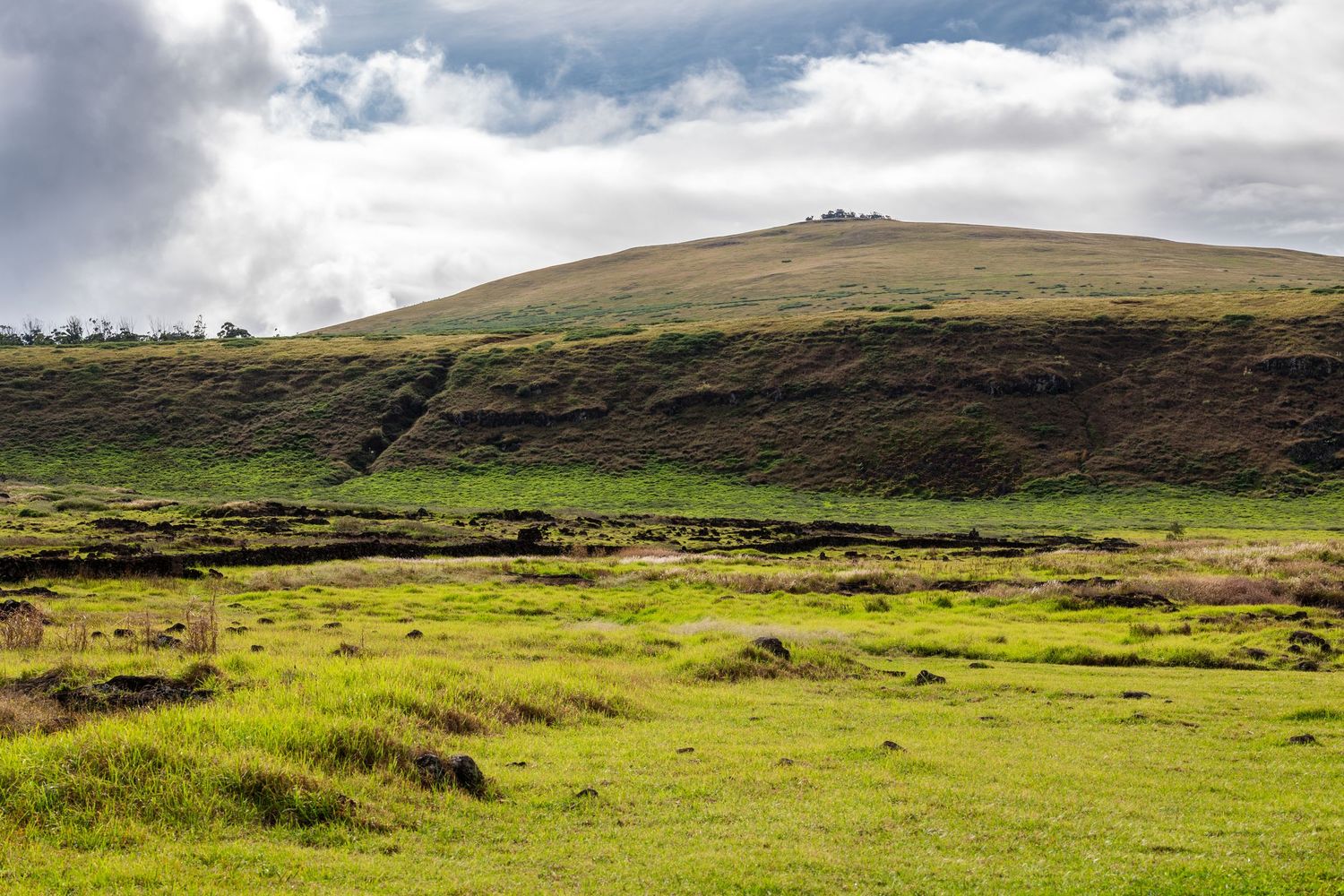 A lush green meadow stretches to a rugged hillside under dramatic cloudy skies in Easter Island's volcanic terrain.