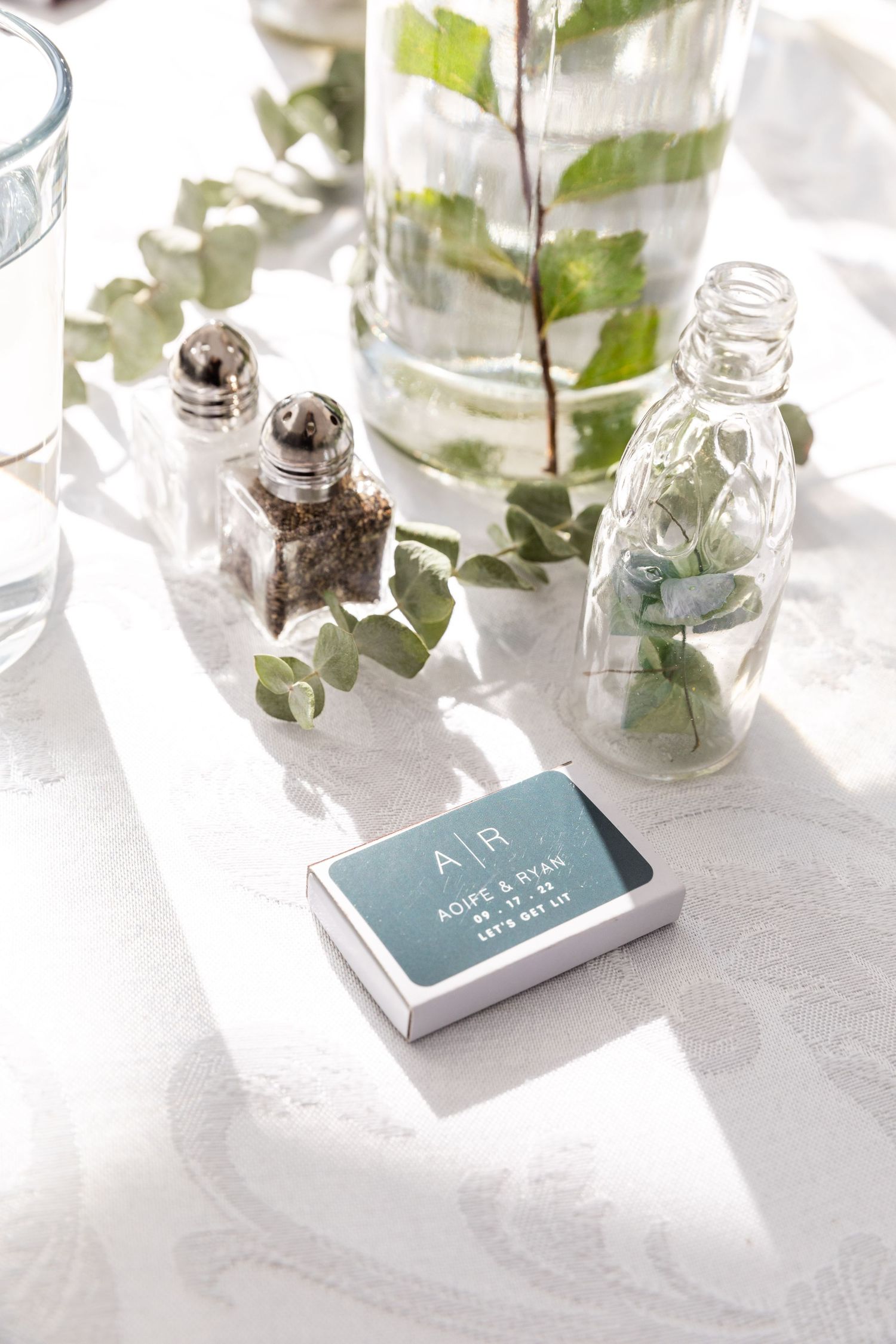 A row of five glass bottles with green plant cuttings and leaves next to a blue book in soft natural light.