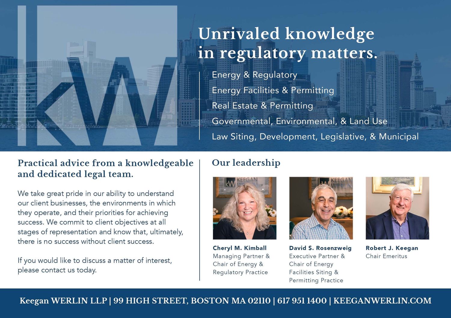 Professional law firm marketing brochure page featuring regulatory expertise and attorney profiles.