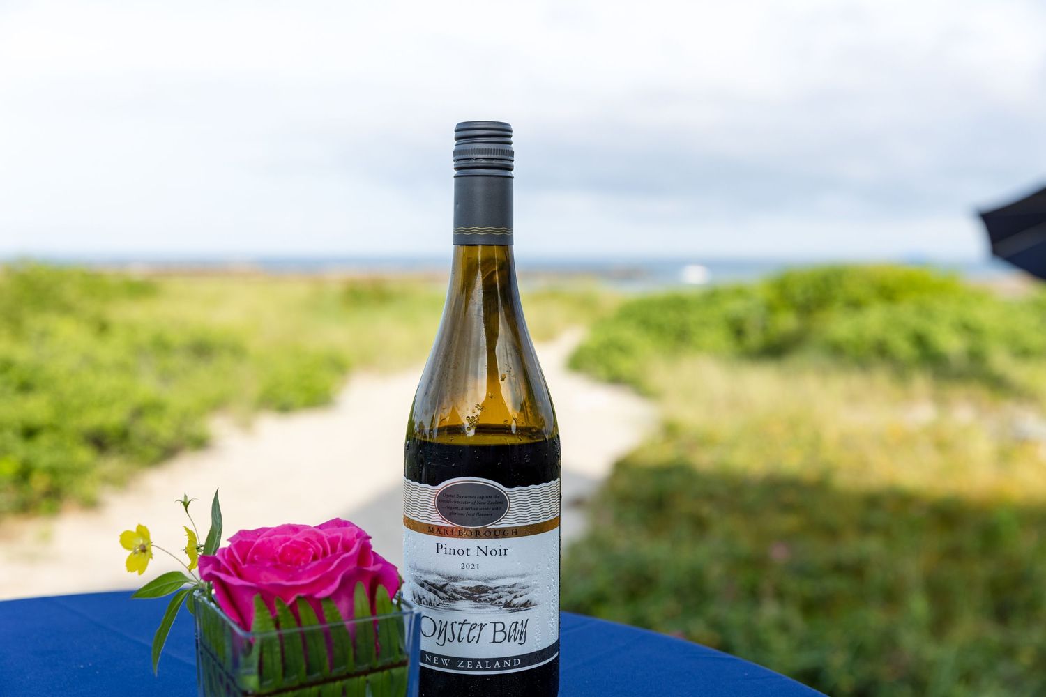 Wine bottle and jar arranged on a seaside picnic blanket with coastal views in the background.