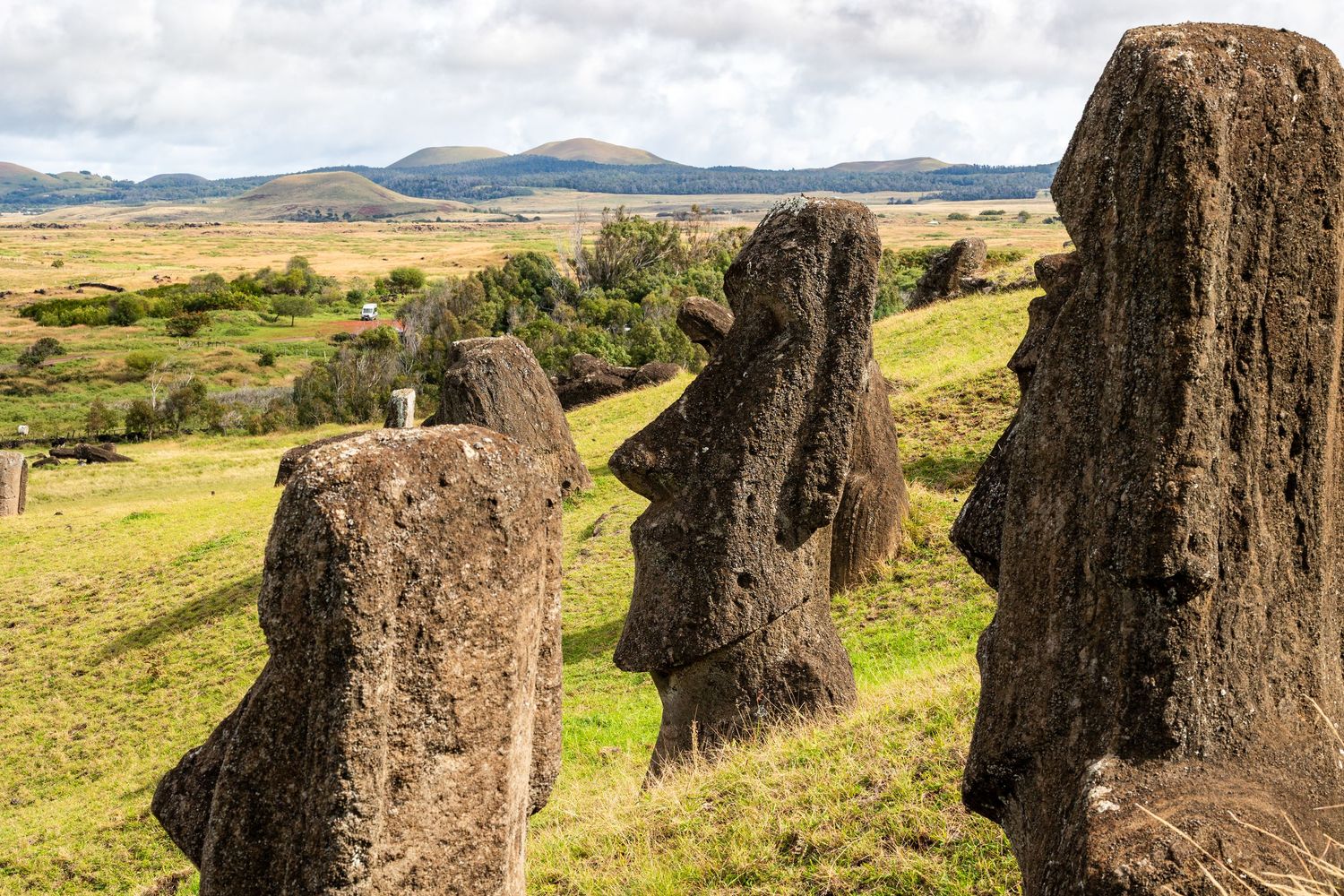Ancient stone moai statues stand in a line on a grassy hillside at Rano Raraku quarry on Easter Island.
