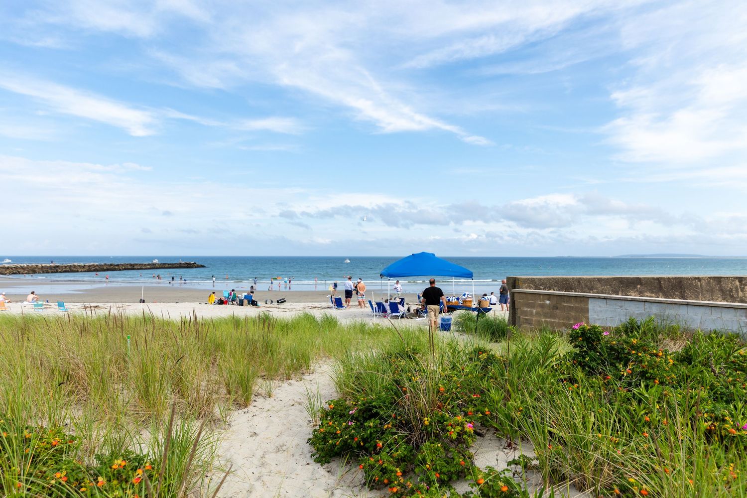 Sandy beach path leads through dunes to a blue-sky oceanfront where beachgoers gather on a summer day.