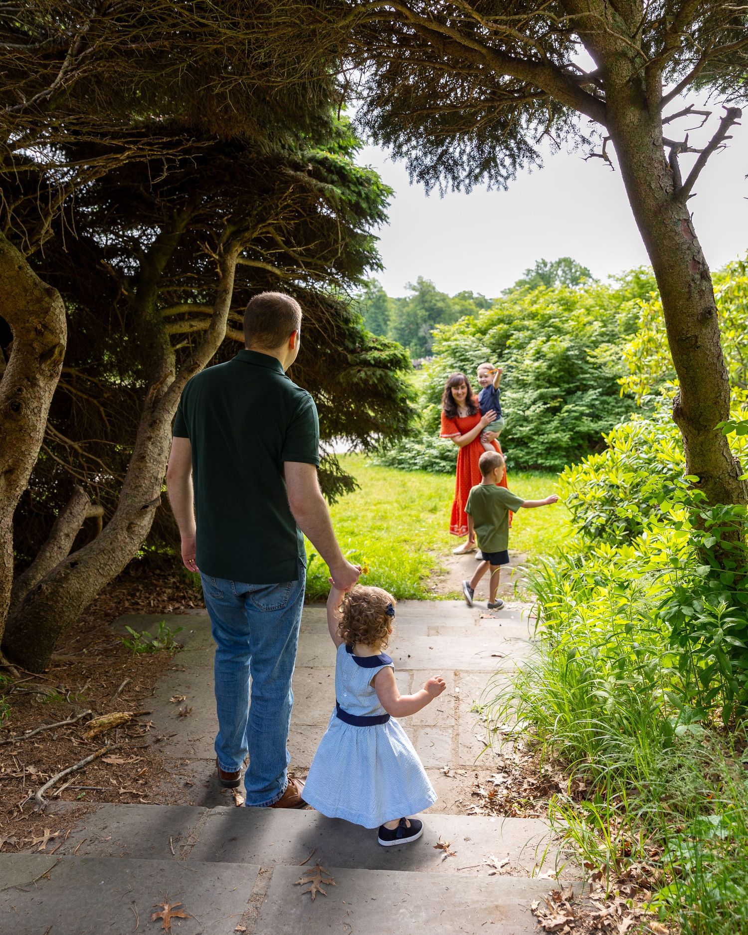 Five photos show people walking along a scenic nature trail on a bright summer day, bordered by lush vegetation.