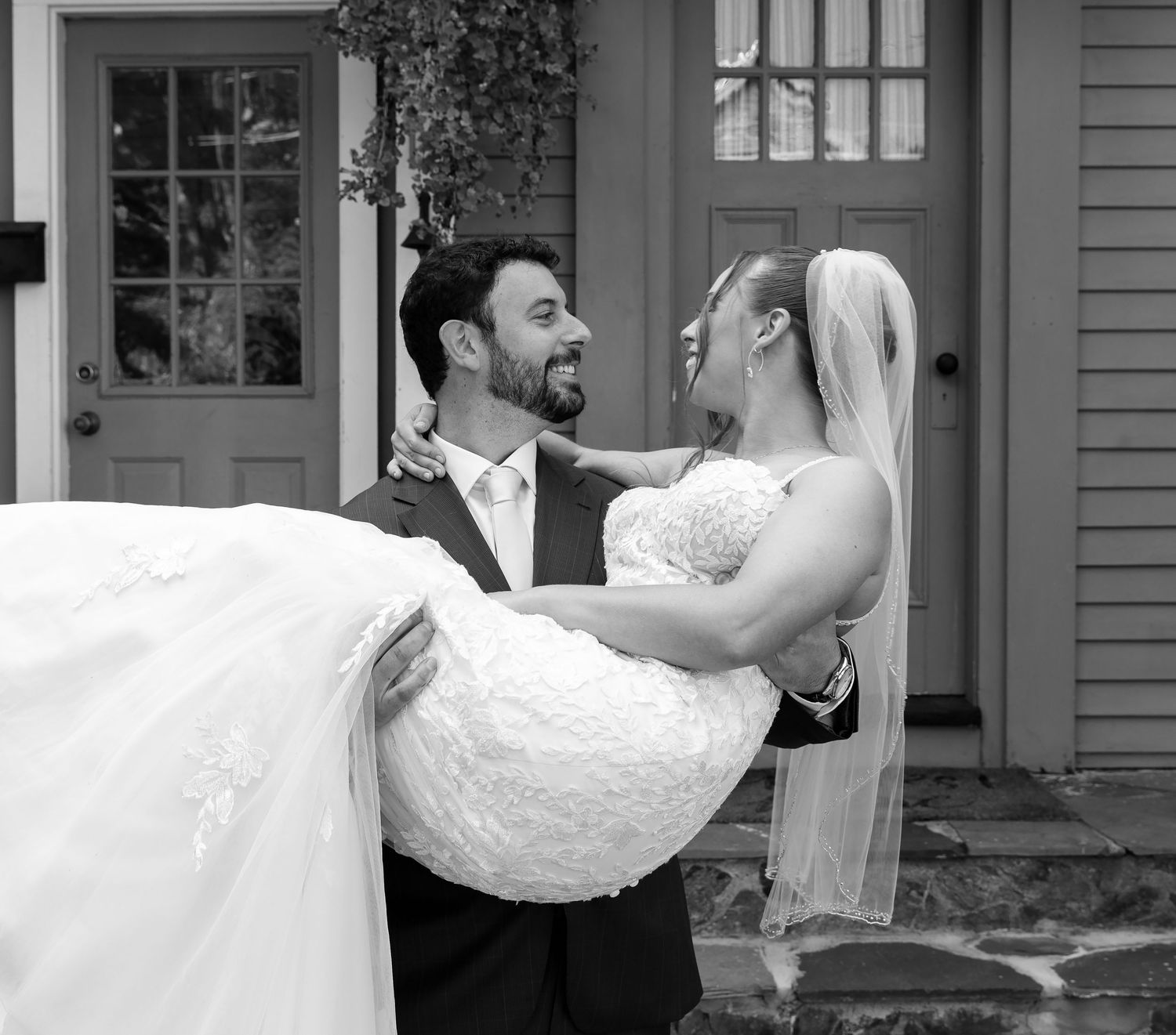 A romantic wedding moment showing a couple dancing with the bride in a lace gown, composite of three similar poses.