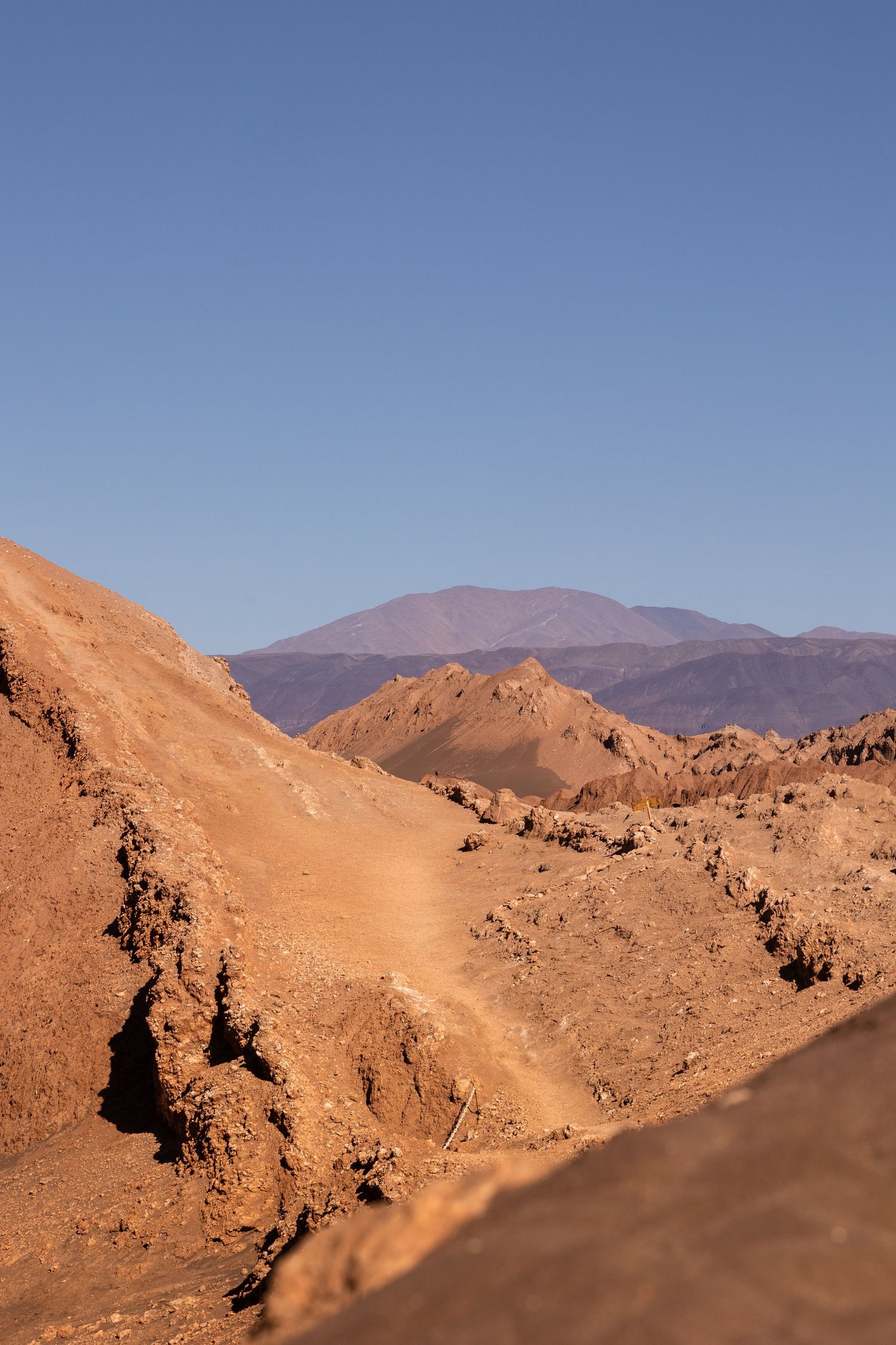 Desert mountain landscape with reddish-orange terrain and distant peaks against a clear blue sky in the wilderness.
