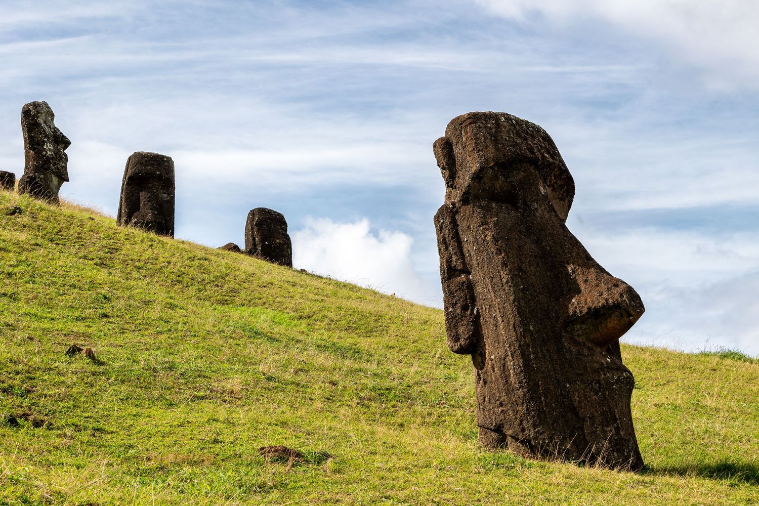 A row of moai stone statues stand against a cloudy sky on Easter Island's grassy hillside at sunset.