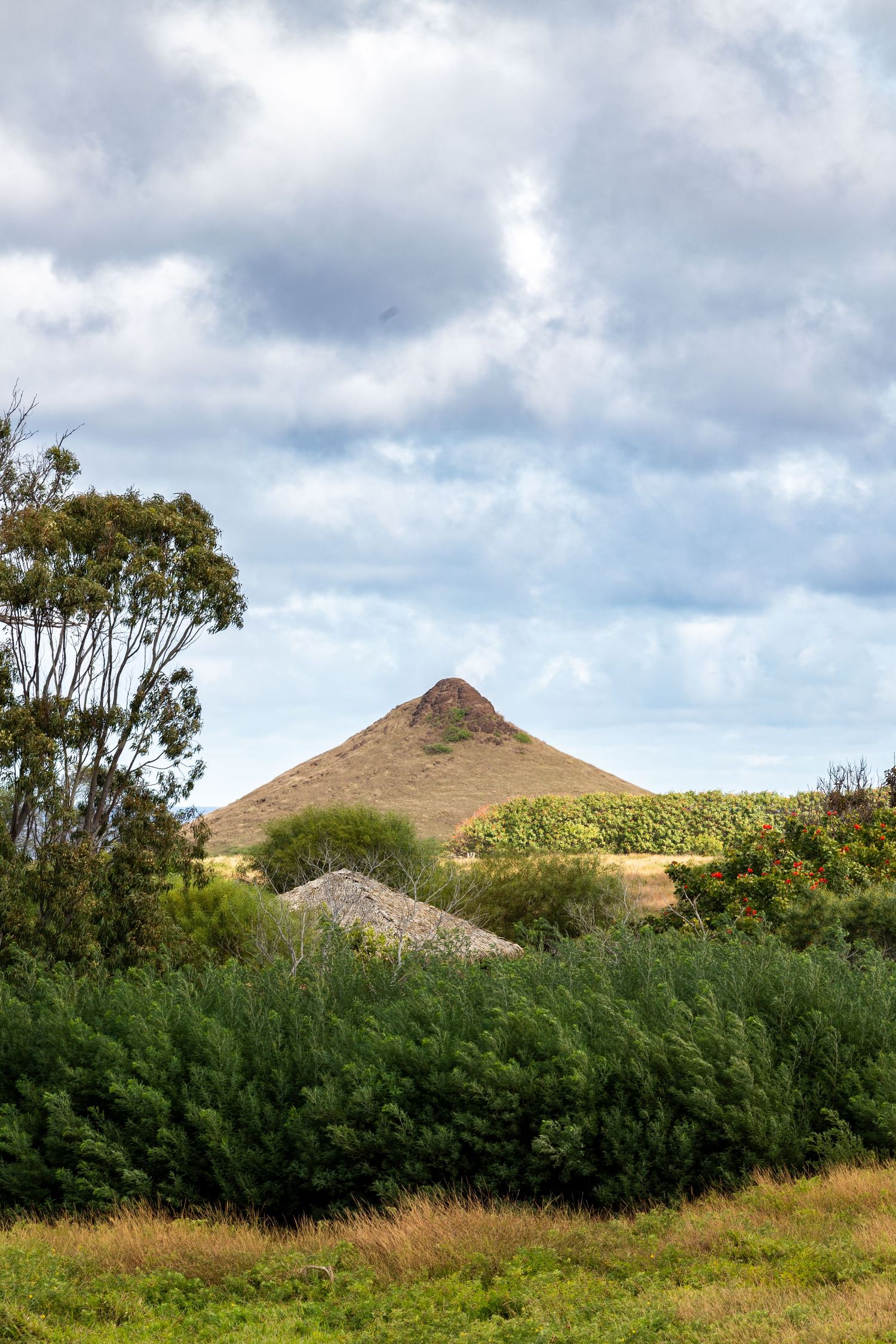 A conical hill rises above green vegetation under dramatic cloudy skies in a natural landscape setting.