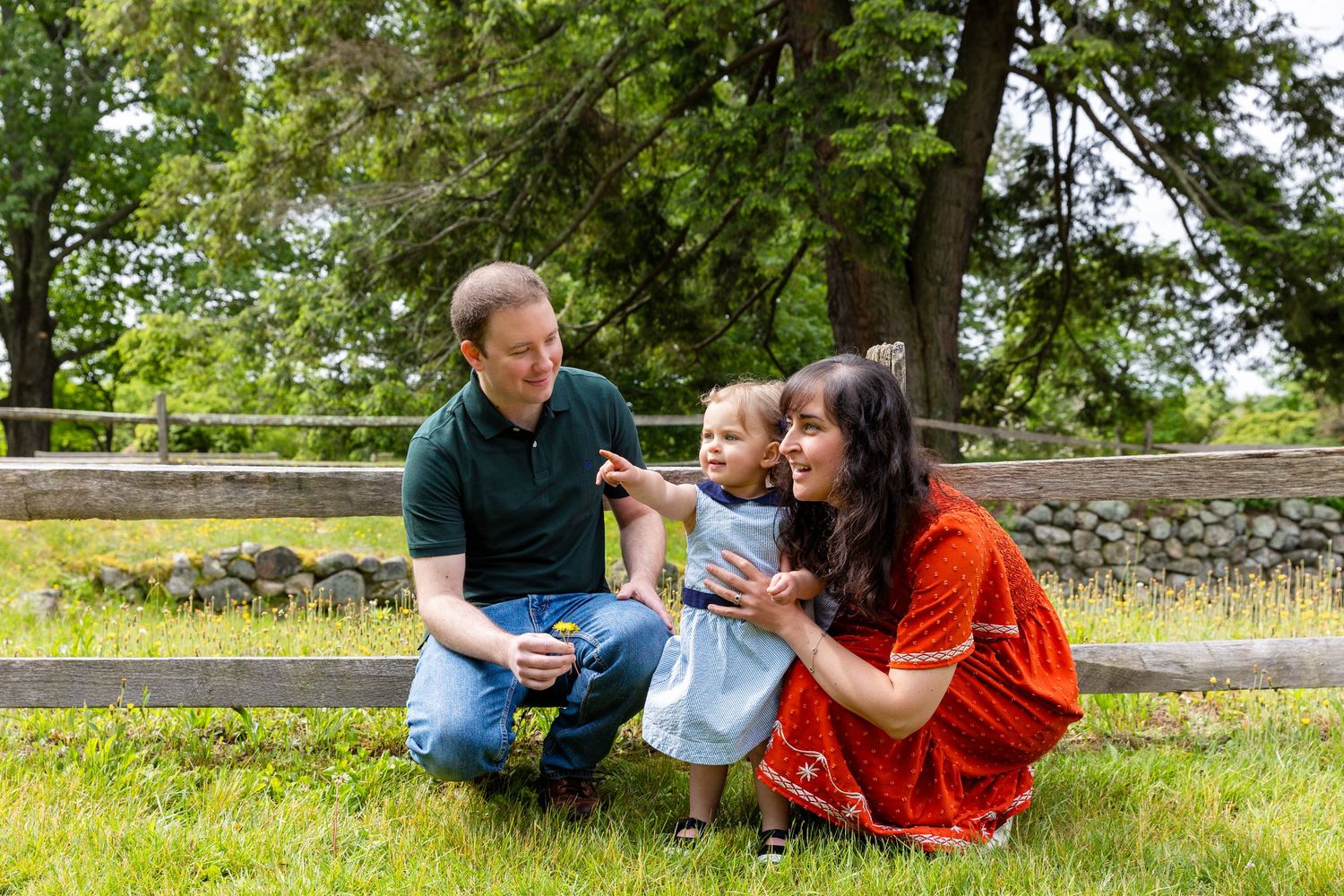 Family enjoying a sunny afternoon picnic together on lush green grass near an old stone wall.