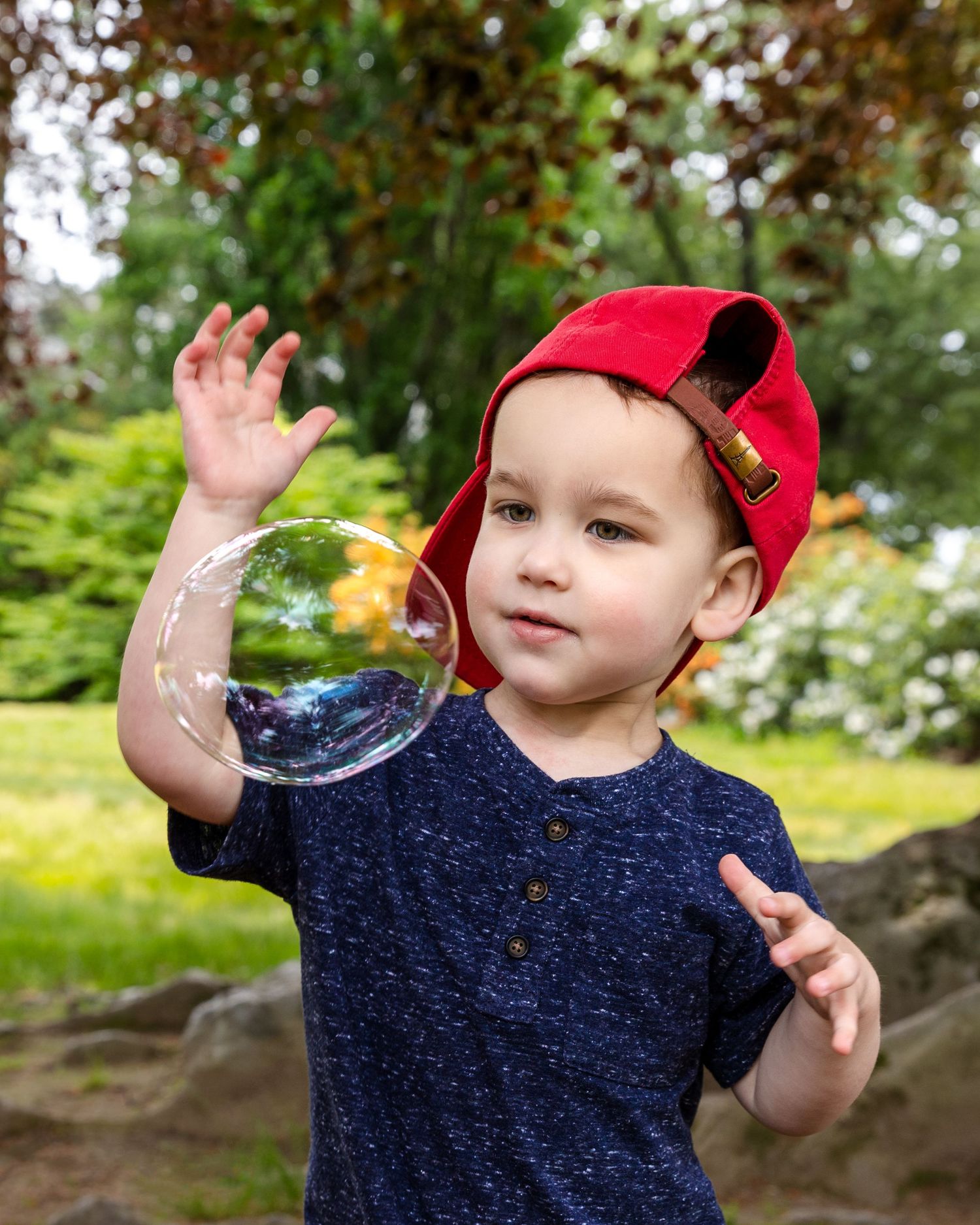 Young child in a red baseball cap and navy shirt playing with a bubble in a garden setting.