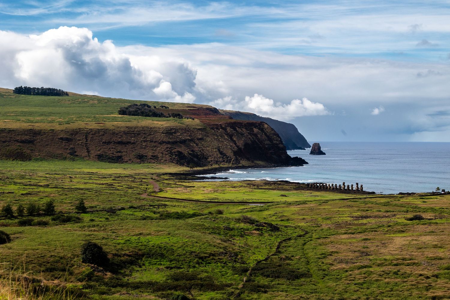 Panoramic sequence showing rugged coastal cliffs, rolling green hills and scenic ocean views along the Easter Island coastline.