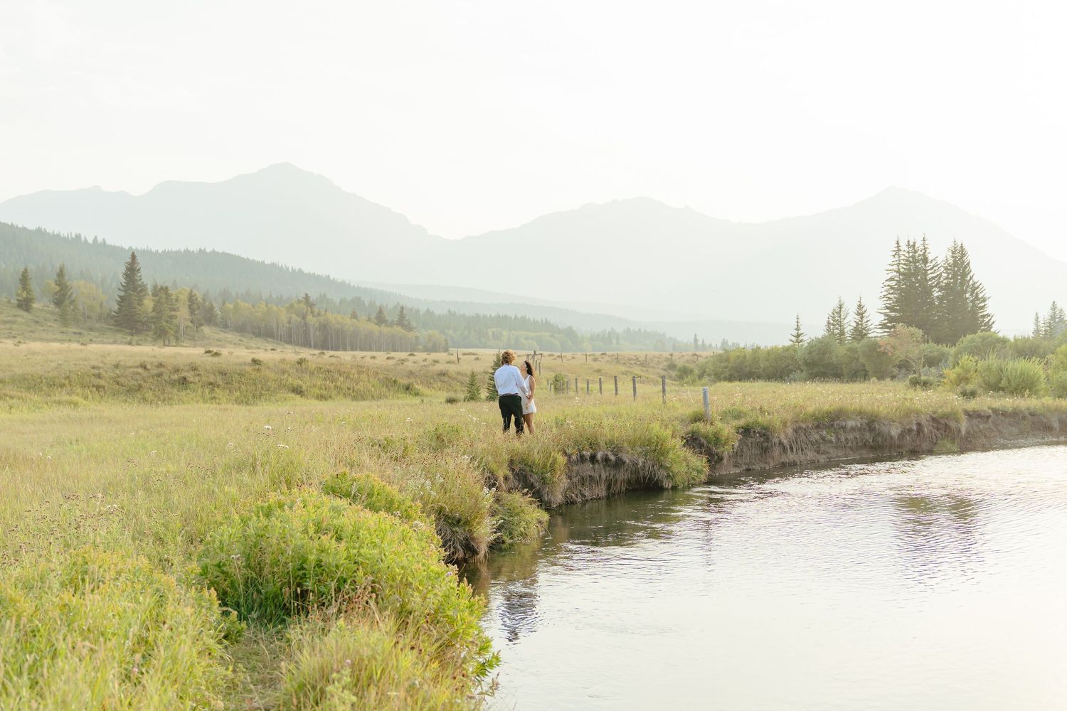 A scenic mountain trail winds along a tranquil lake surrounded by evergreen forest and rolling meadows in summer.