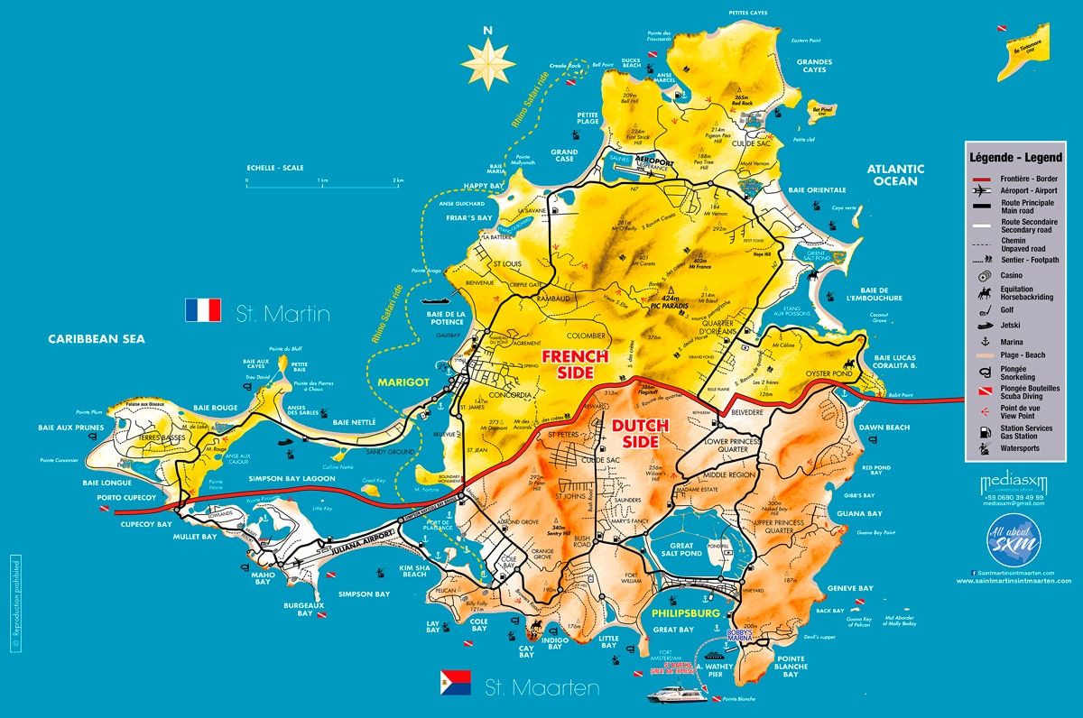 Colorful tourist map of Saint Martin island showing French and Dutch sides, roads, and landmarks.