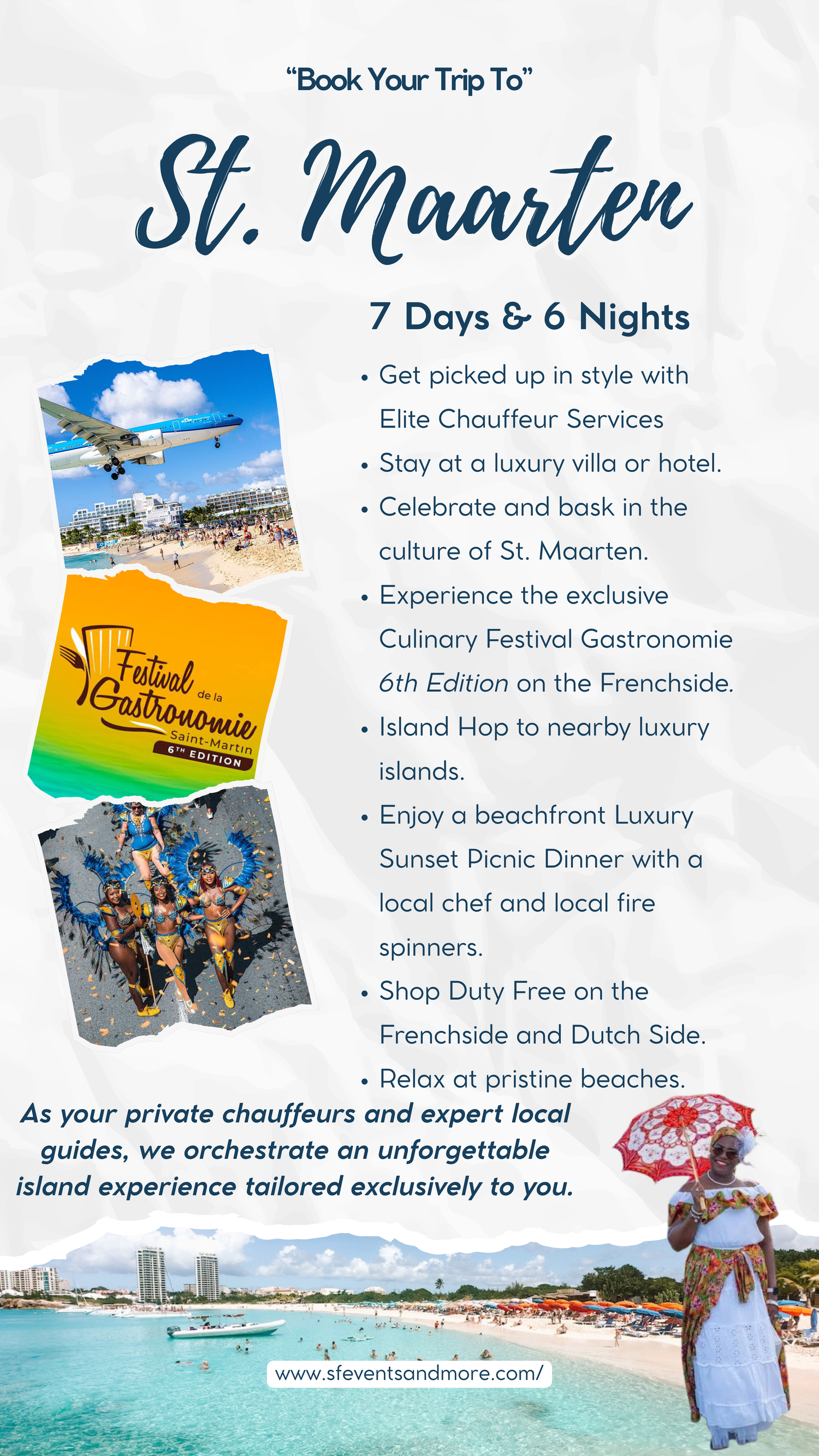 A vibrant St. Maarten travel flyer promoting a 7-day luxury island getaway with chauffeur services and culinary festivals.
