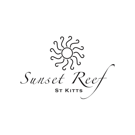 Sunset Reef St Kitts logo featuring elegant script text and a decorative sun illustration in black and white.