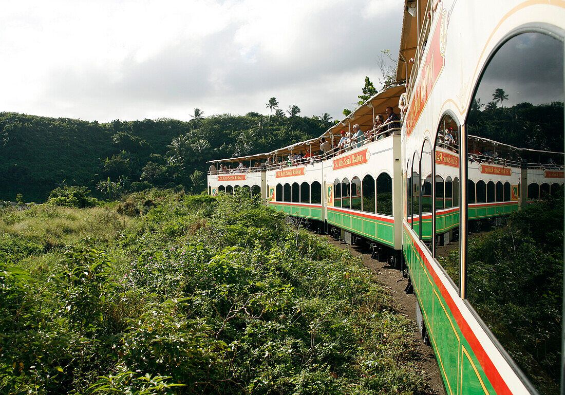 Colorful tourist train winding through lush tropical greenery on a scenic railway journey.