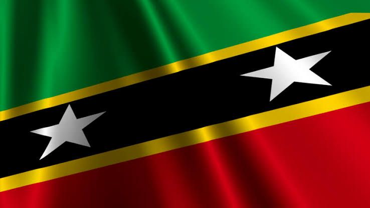 Waving flag of Saint Kitts and Nevis with green, black, red stripes and two white stars on diagonal band.