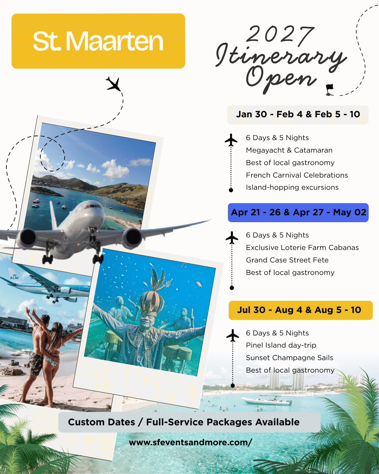 St. Maarten 2027 cruise itinerary flyer with travel dates, megayacht excursions, carnival celebrations, and island-hopping packages.