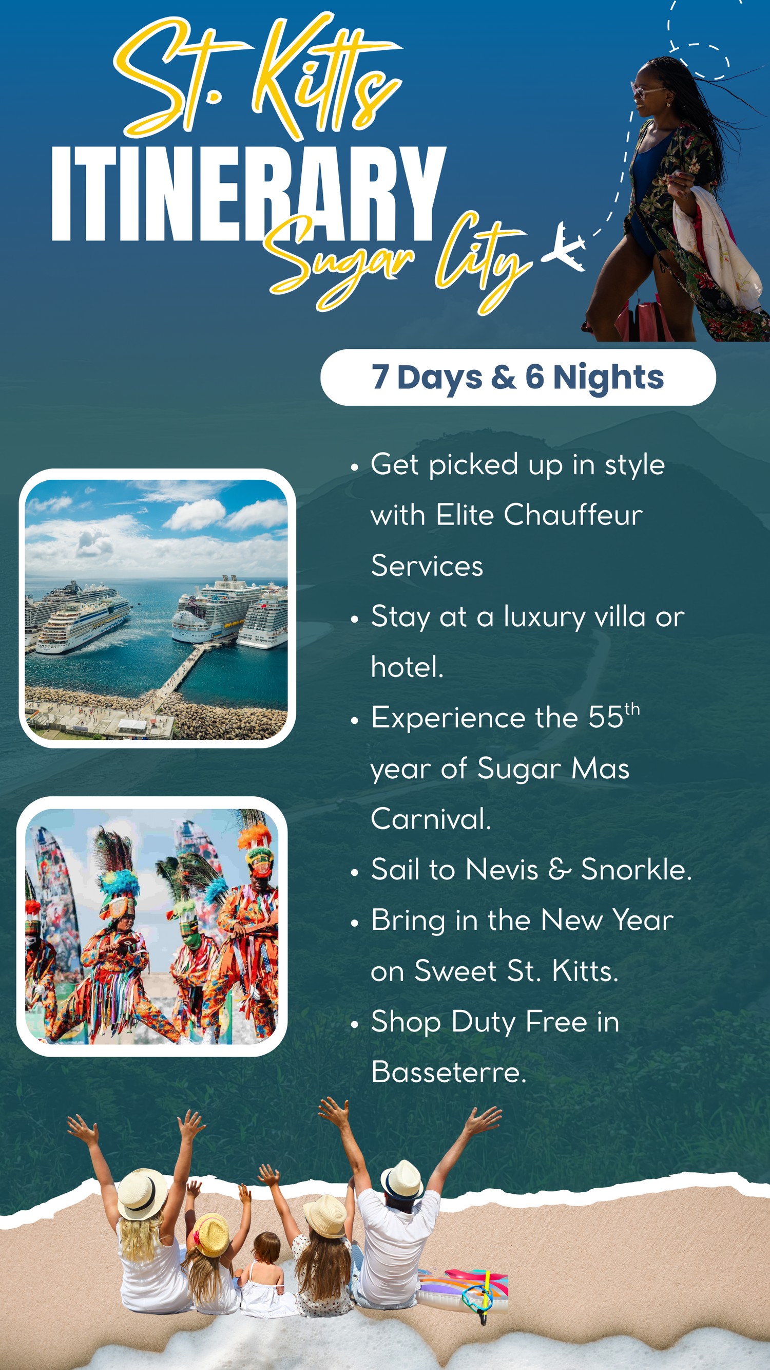 St. Kitts itinerary flyer showing cruise ships, colorful carnival dancers, and tourists enjoying a 7-day Sugar City adventure.
