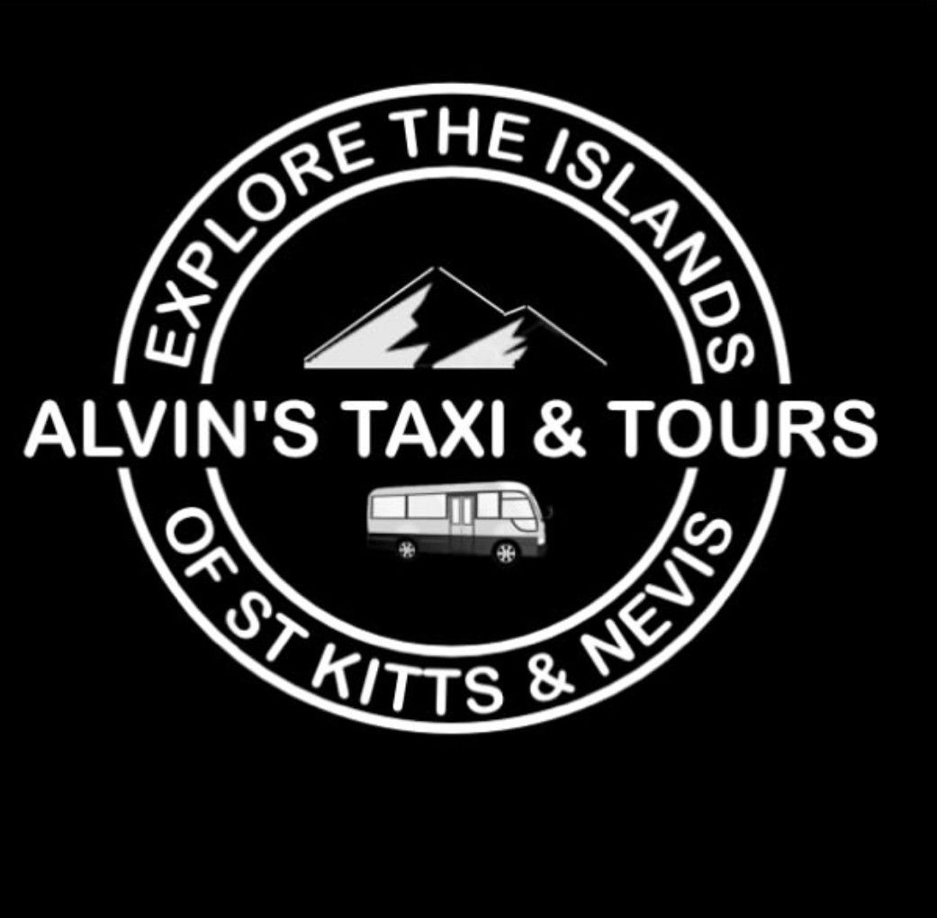 Alvin's Taxi & Tours circular logo for exploring St Kitts & Nevis islands, featuring mountains and a van on black background.