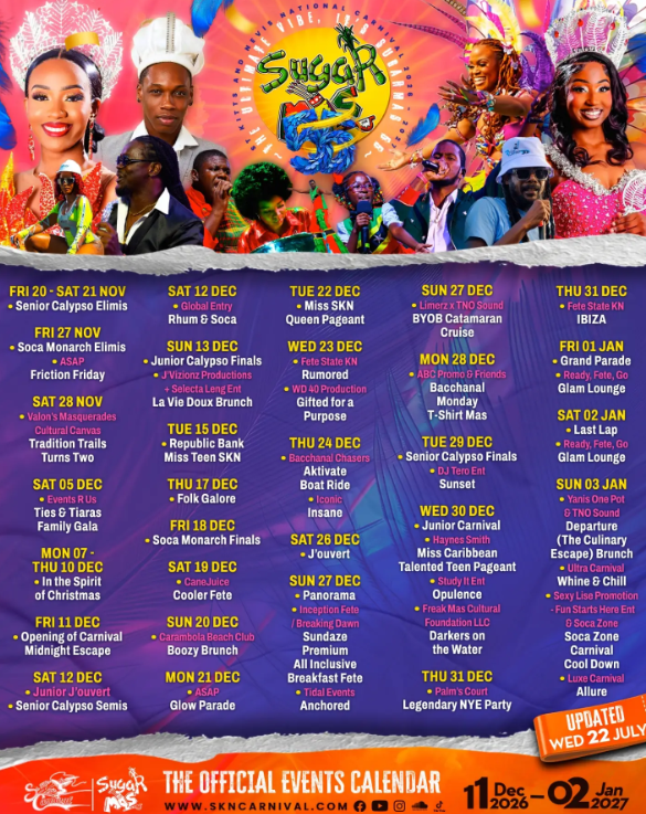 Colorful Sugar Soca Carnival official events calendar for December 2022 to January 2023 featuring performers and event listings.