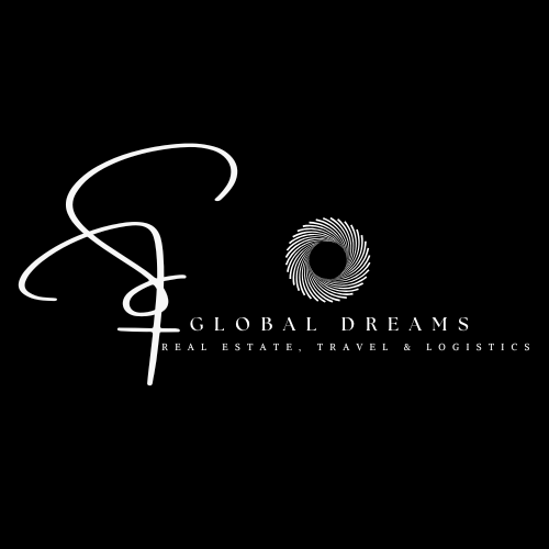 SF Global Dreams logo featuring elegant cursive initials and a spiral design on black background, Real Estate, Travel & Logistics.