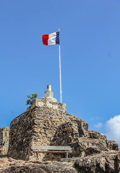 French tricolor flag flying atop a historic stone fortress under a clear blue sky.