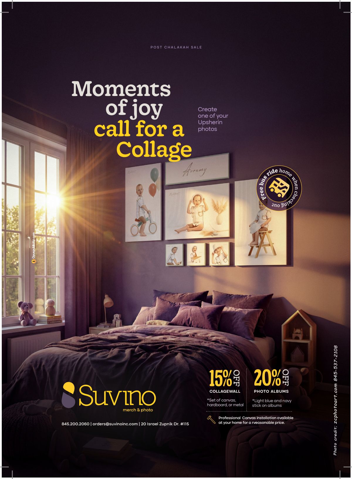Suvino photo collage advertisement featuring a cozy purple bedroom with warm sunlight and wall art display offering 15% and 20% discounts.