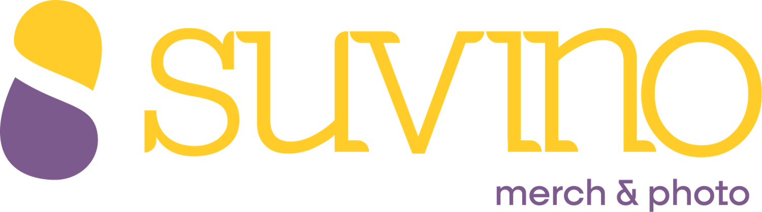 A colorful logo design with yellow and purple text reading 'SUVINO' with 'merch & photo' tagline underneath.