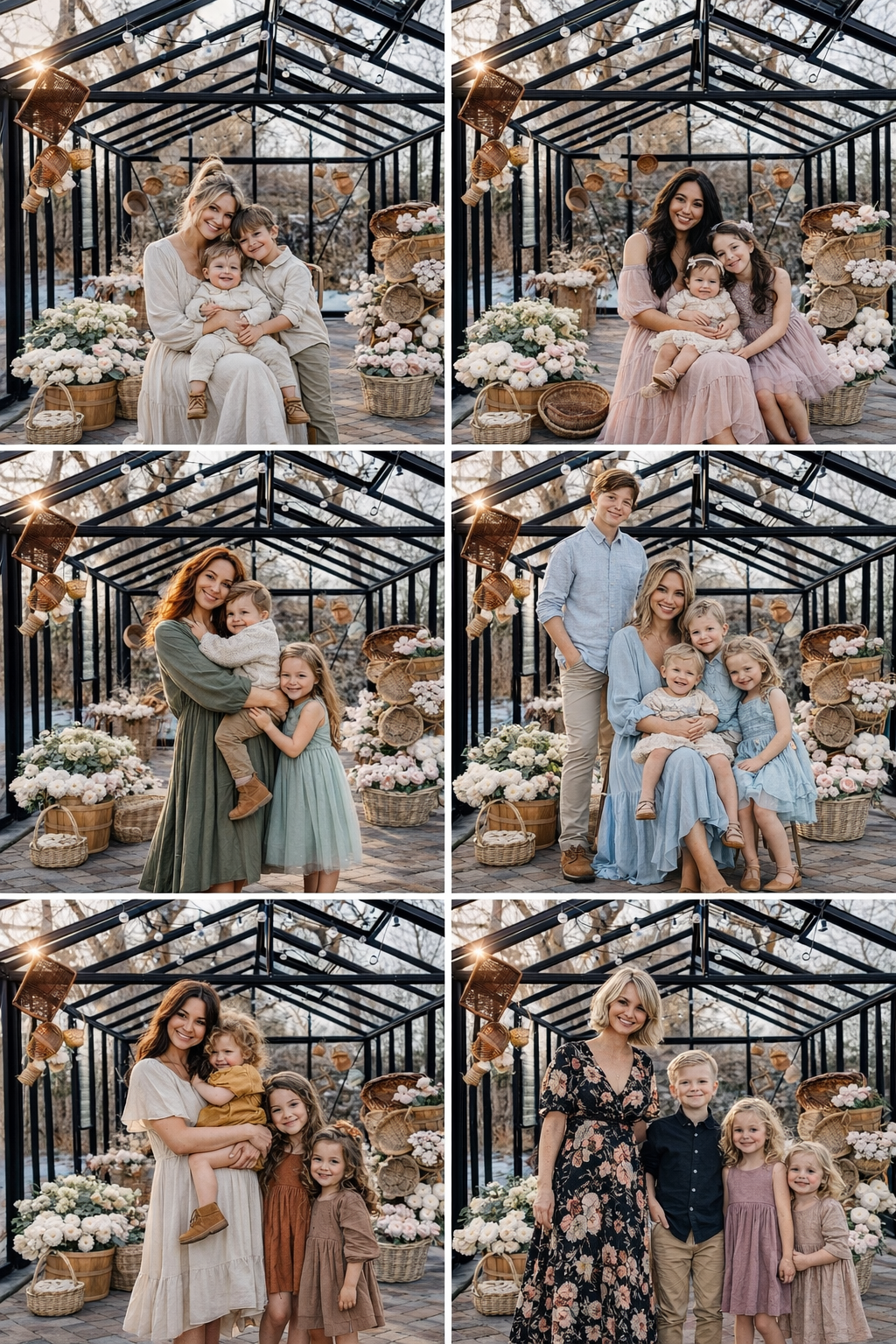 Six family portrait photos in a floral greenhouse studio, featuring mothers with children in coordinated outfits among white flower baskets.