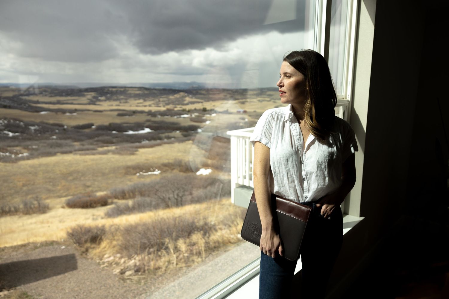 Views through windows of rural landscape with dramatic stormy sky.