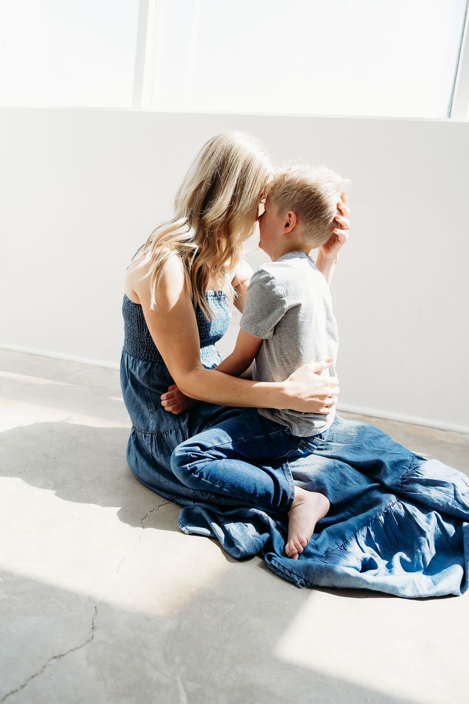 A series of intimate lifestyle photos showing a tender moment between two people in natural light.
