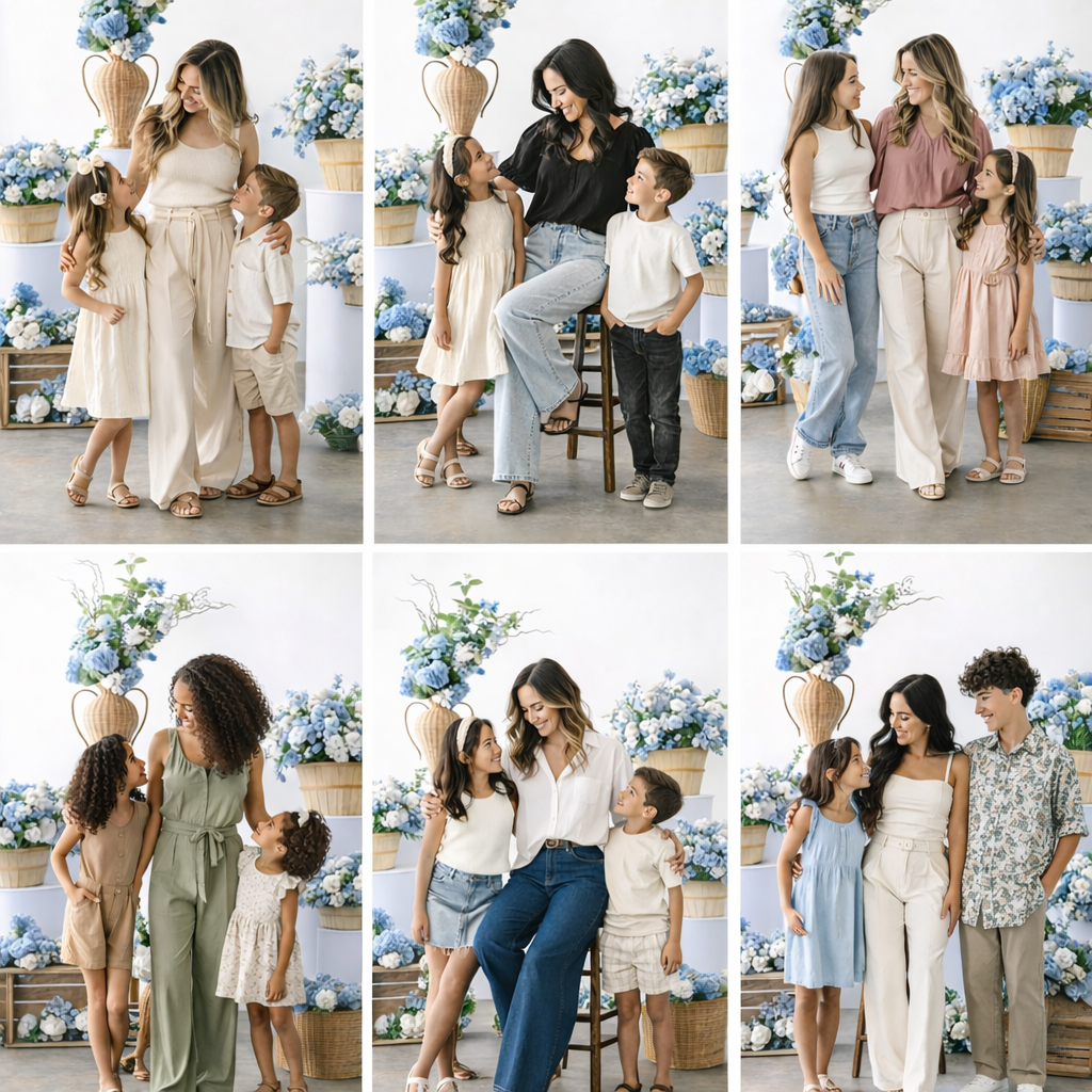 A collage of six family portrait photos featuring a mother posing with her children against a blue hydrangea backdrop.
