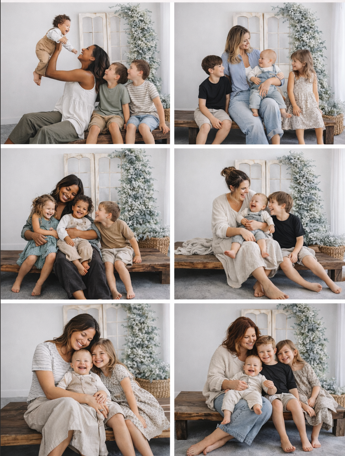 Collage of six mothers posing with their children in a bright studio with frosted Christmas trees.