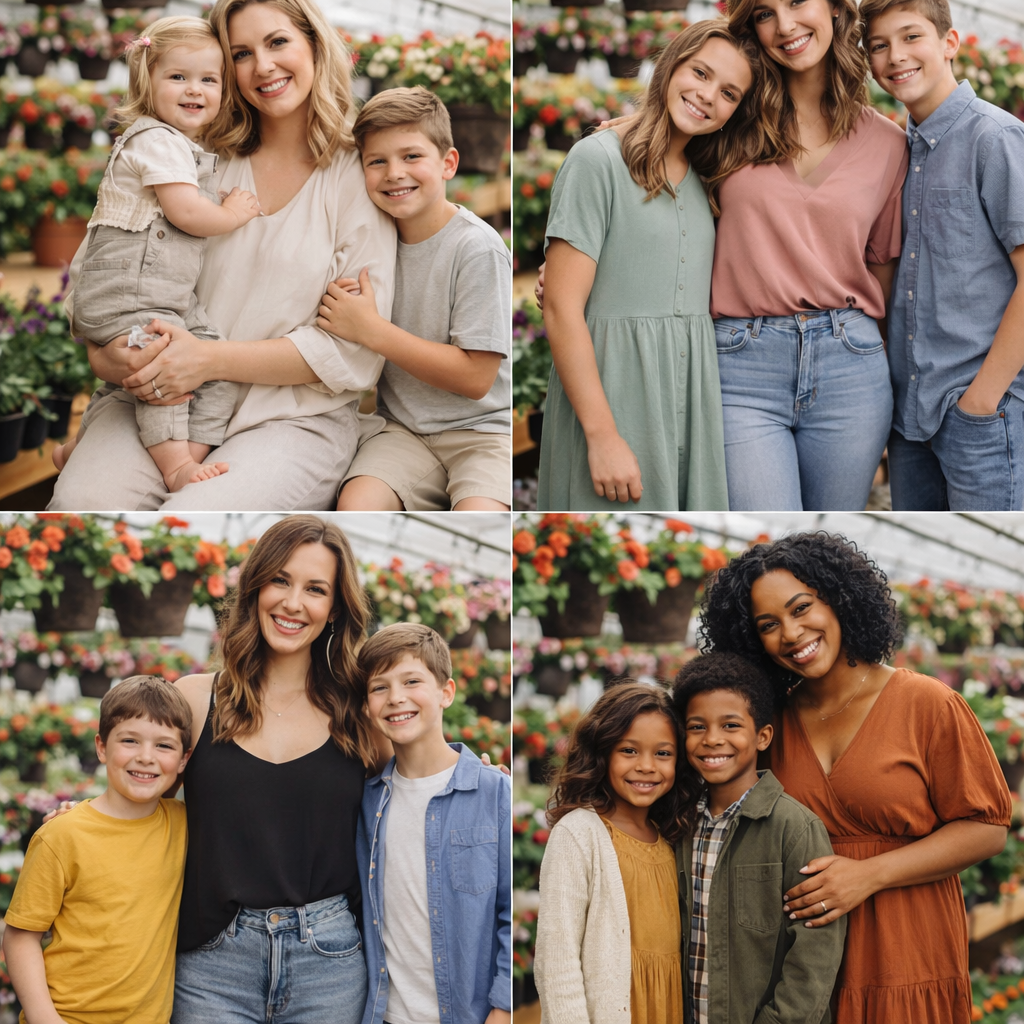 Four diverse mothers pose with their children in a vibrant flower greenhouse, smiling warmly in casual, colorful outfits.