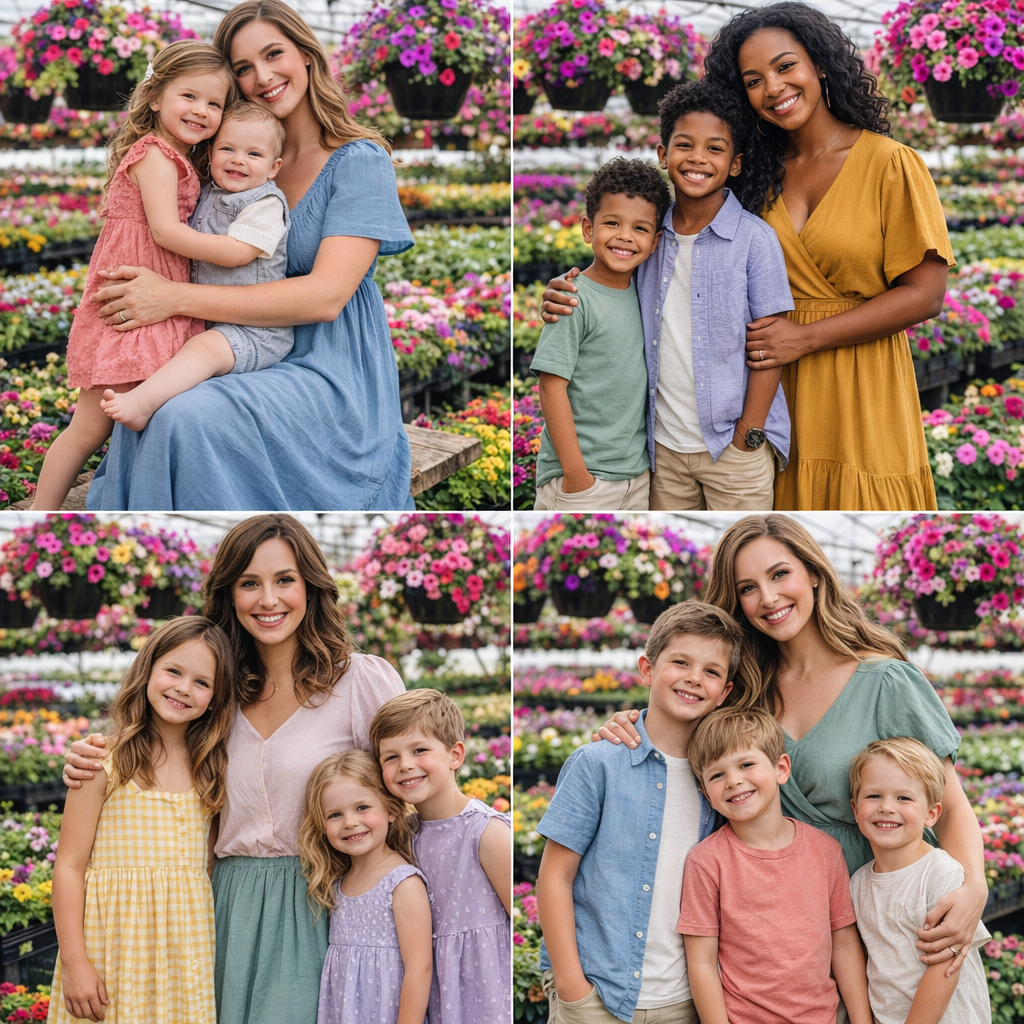 A collage of four family photos with mothers and children posing among colorful flowers in a greenhouse.