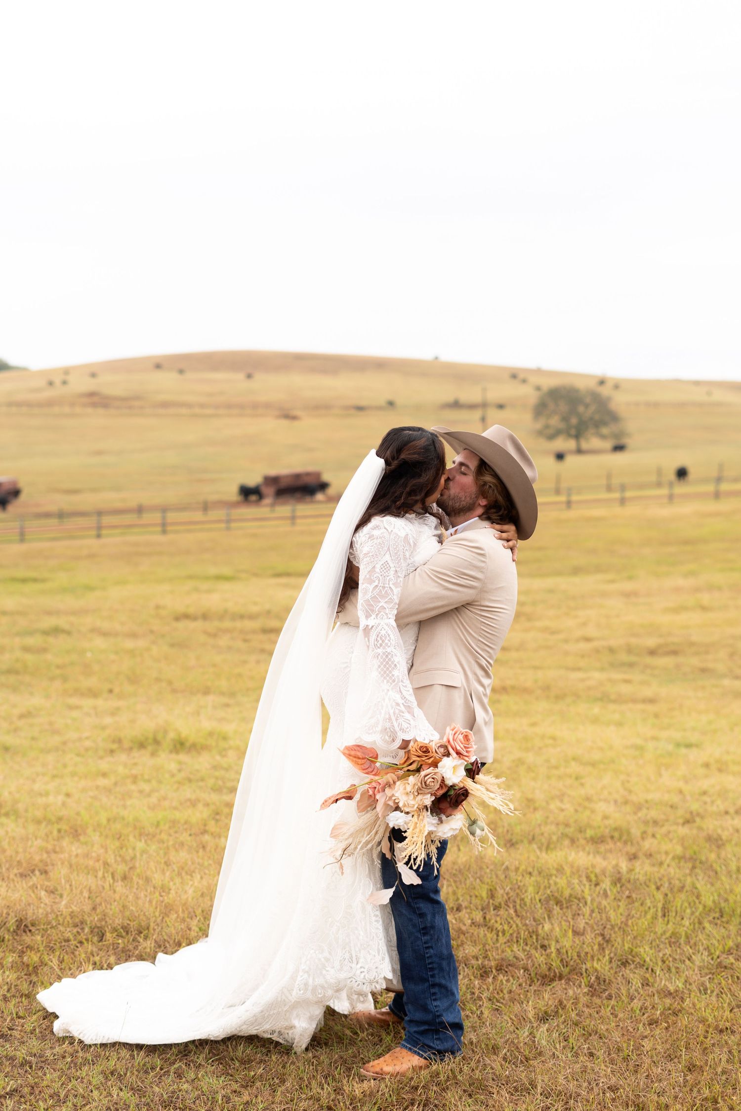 Romantic wedding couple embracing in a rustic field with cattle grazing in background.