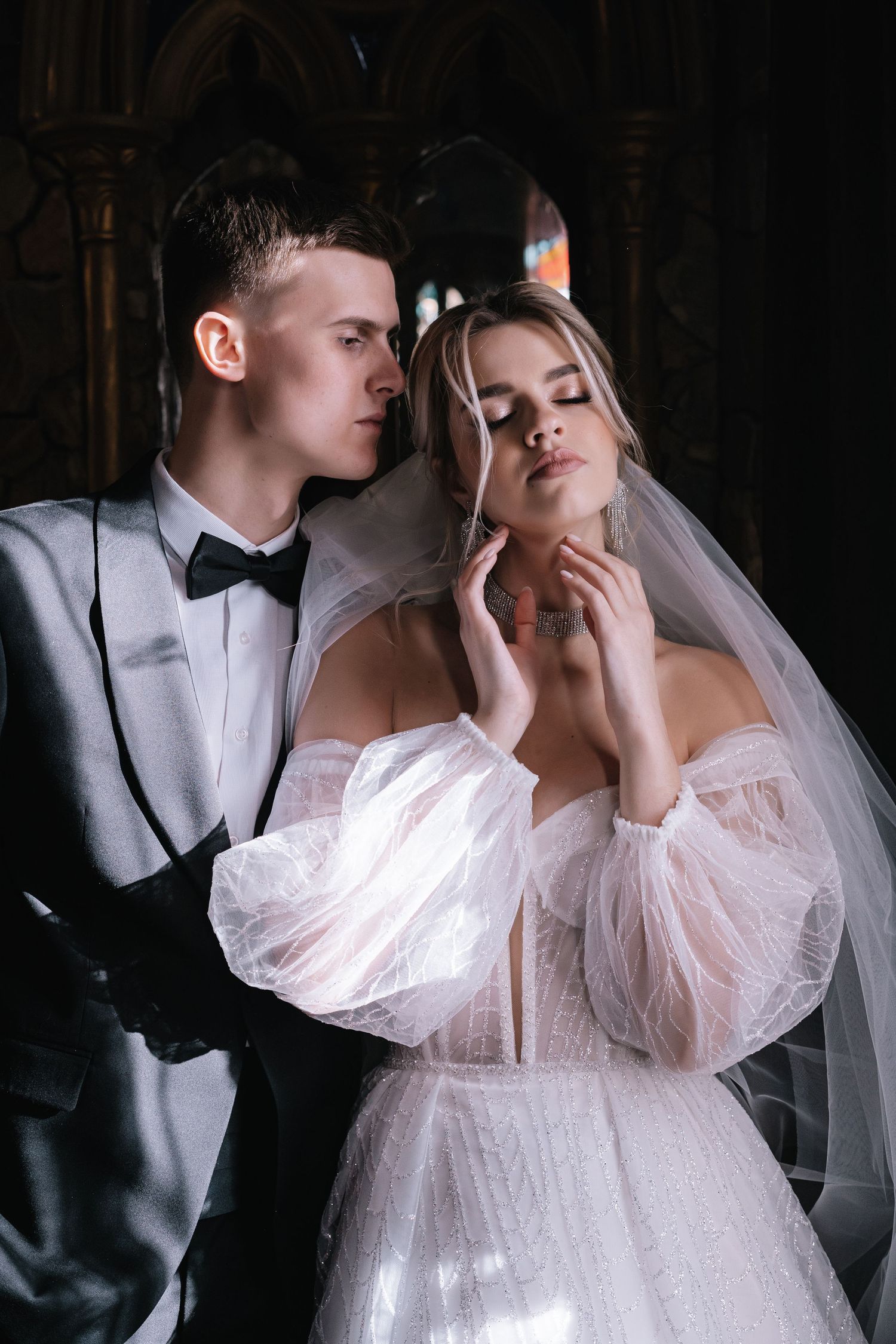 A romantic wedding photoshoot series showing intimate moments between a bride in white and groom in black attire.