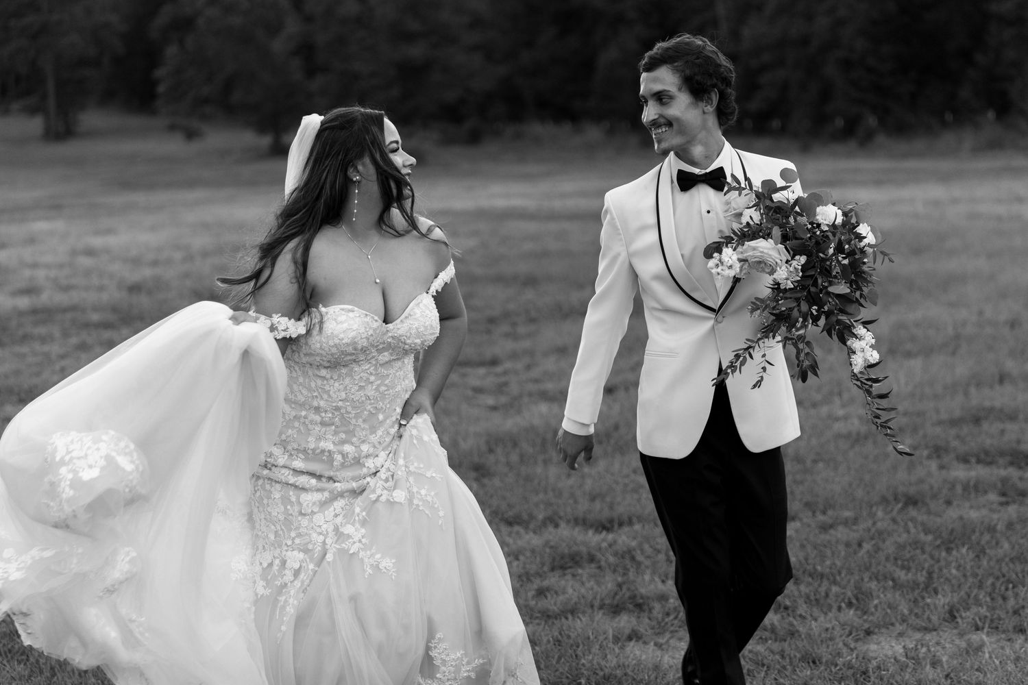 Romantic wedding photo sequence shows couple dancing together in an outdoor garden setting at sunset.