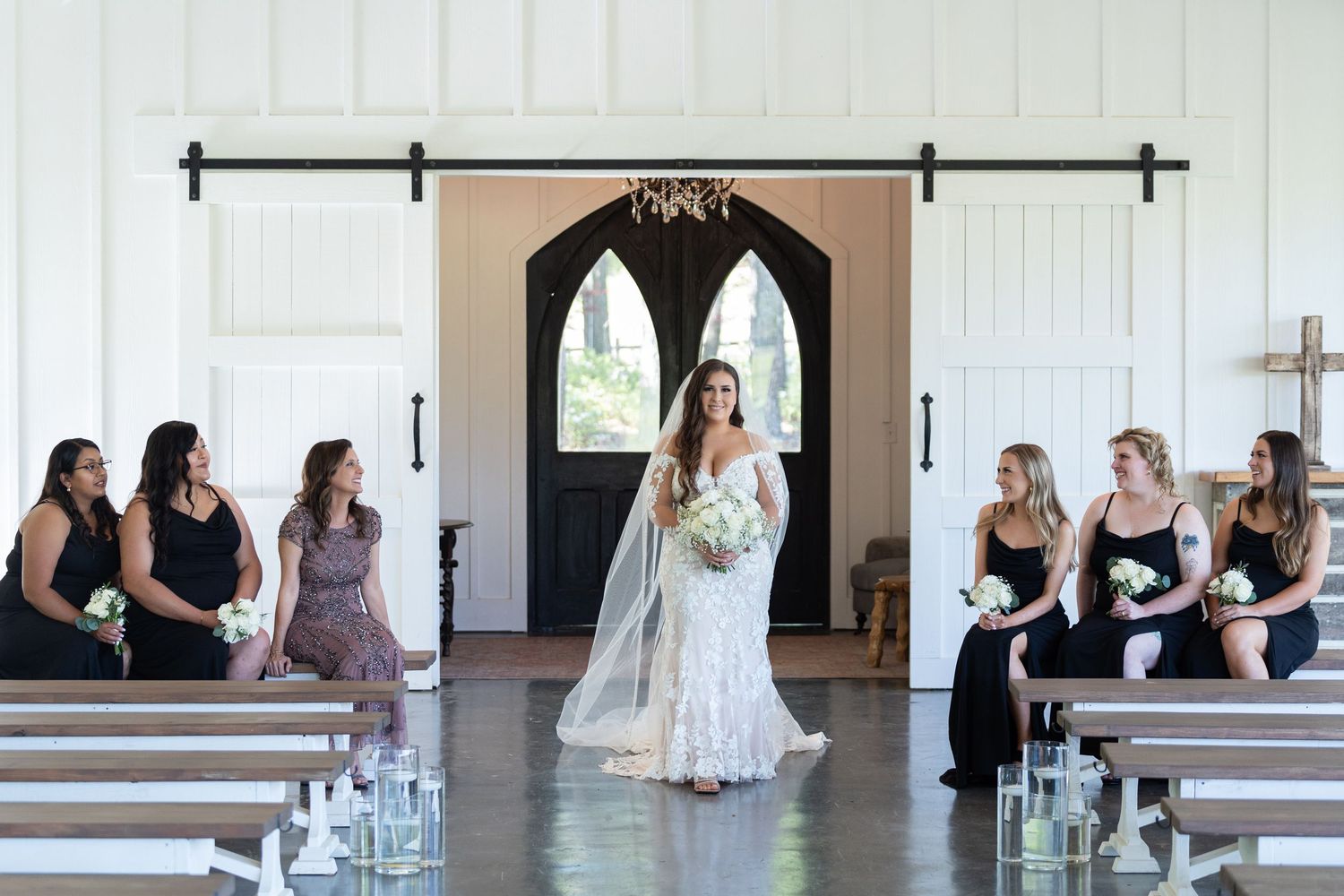A wedding ceremony montage showing multiple scenes of a bride in white dress with guests at a church venue.