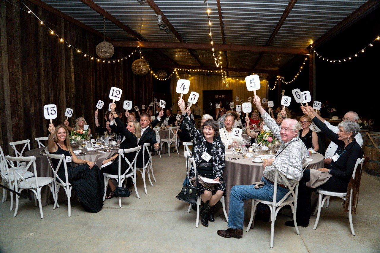 Reception venue with string lights and white chairs set up for dining with guests seated at tables.