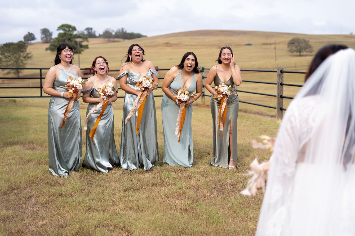 Bridesmaids in blue dresses sitting on a wooden fence in a country field.
