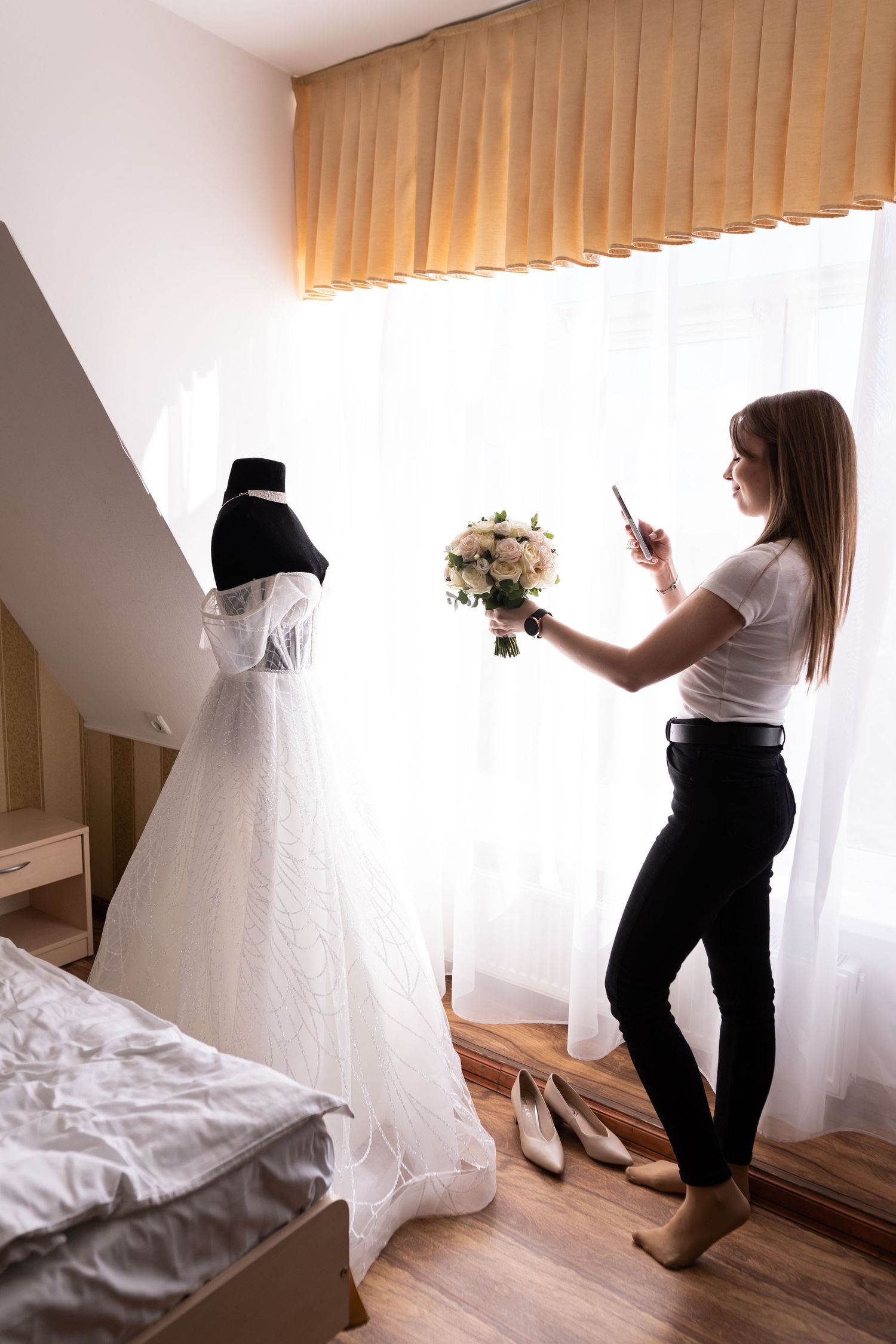 A series of photos showing someone adjusting white curtains and bedding in a bright, minimalist bedroom interior.