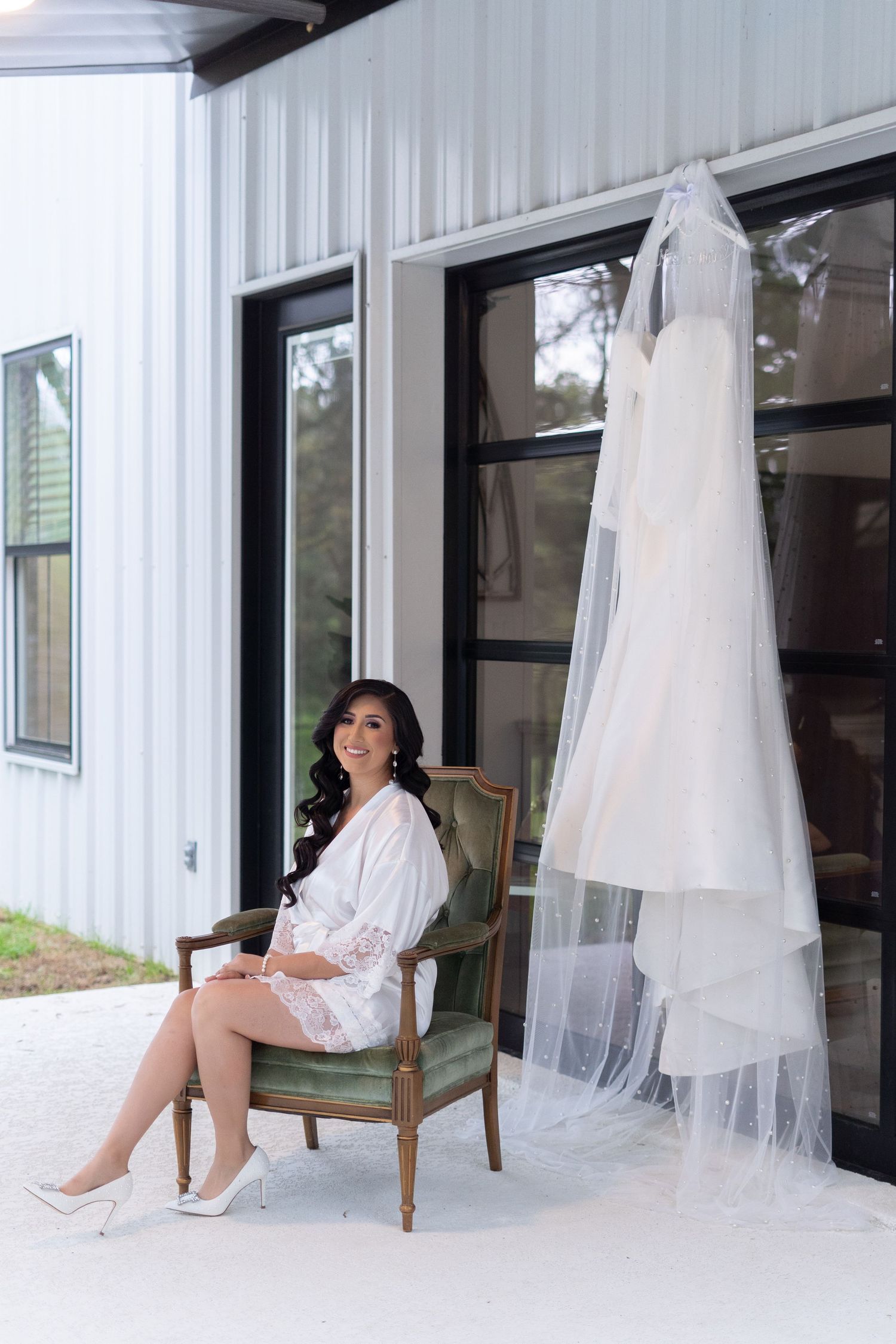 A series of wedding preparation photos showing a white dress hanging and elegant bridal shoes against a light backdrop.