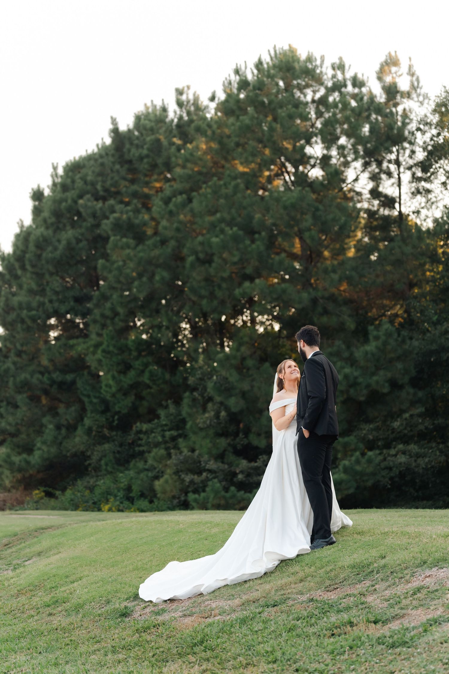 Newlyweds walk together on a grassy hillside with pine trees in the background during golden hour.