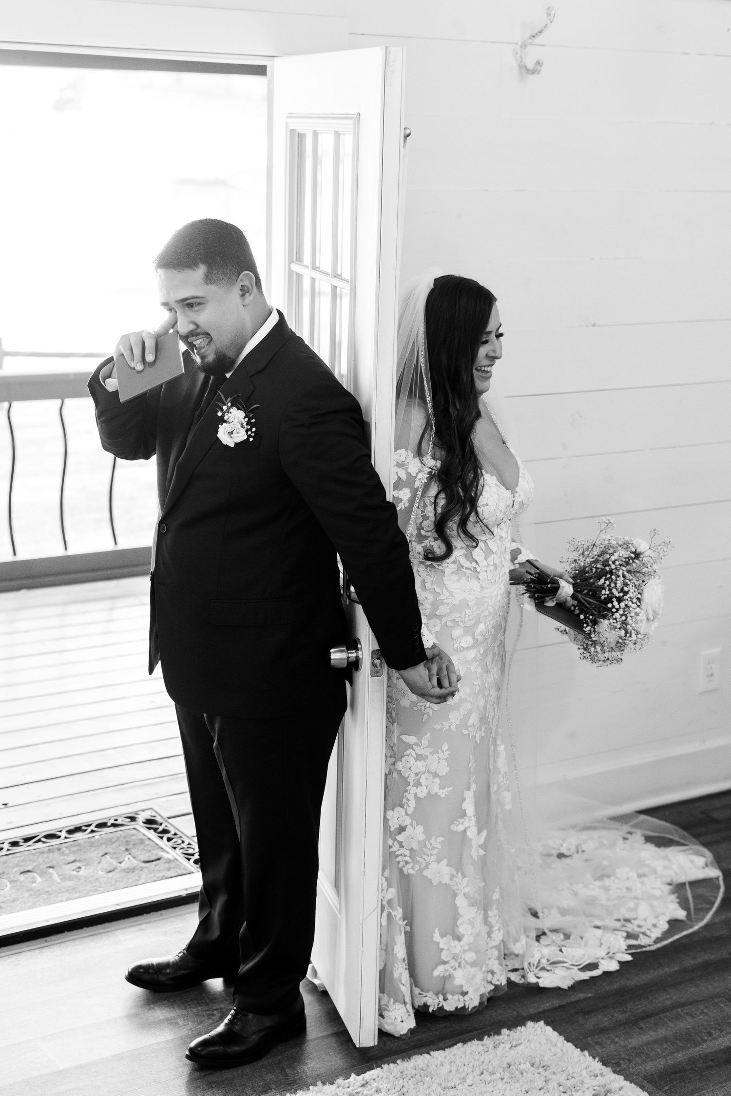 A series of black and white wedding photos showing emotional moments between a bride and her father before the ceremony.