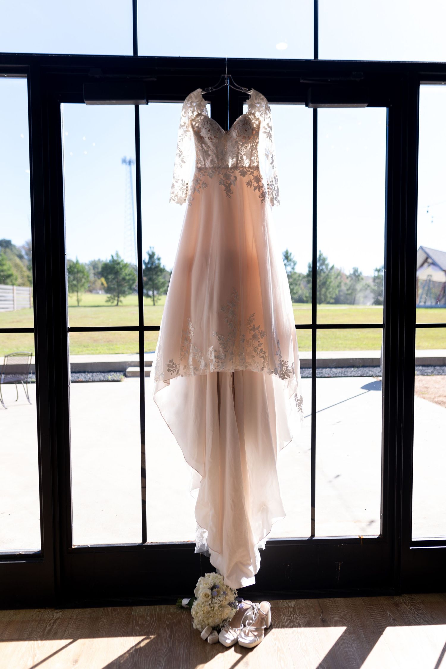A blush pink wedding dress with lace details hangs elegantly in front of a window with a scenic outdoor view.