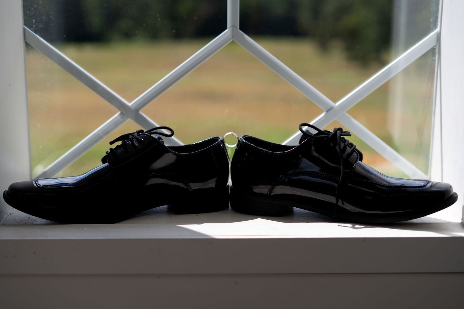A row of black dress shoes displayed on a white window ledge in natural lighting.